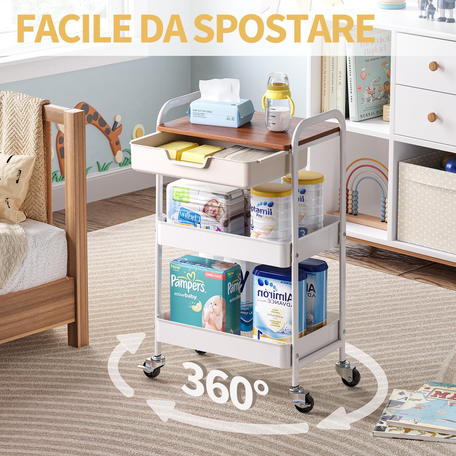 KINGRACK Carrello Cucina, Carrello Estetista a 3 Ripiani, Carrellino Salvaspazio con Cassetti, Carrello Bagno con Ruote, Carrello Portaoggetti con Piano da Legno Tavolo, Bianco (Marrone scuro)