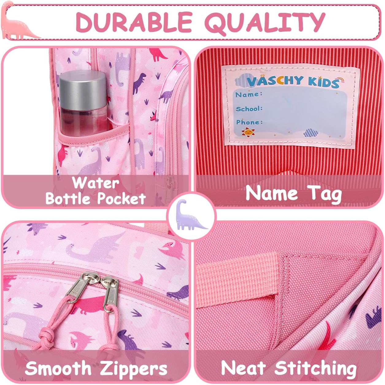 VASCHY Toddler Kids backpacks, Cute Lightweight Water Resistant Preschool Kindergarten Backpack for Girls Pink Dinosaurs - Image 3