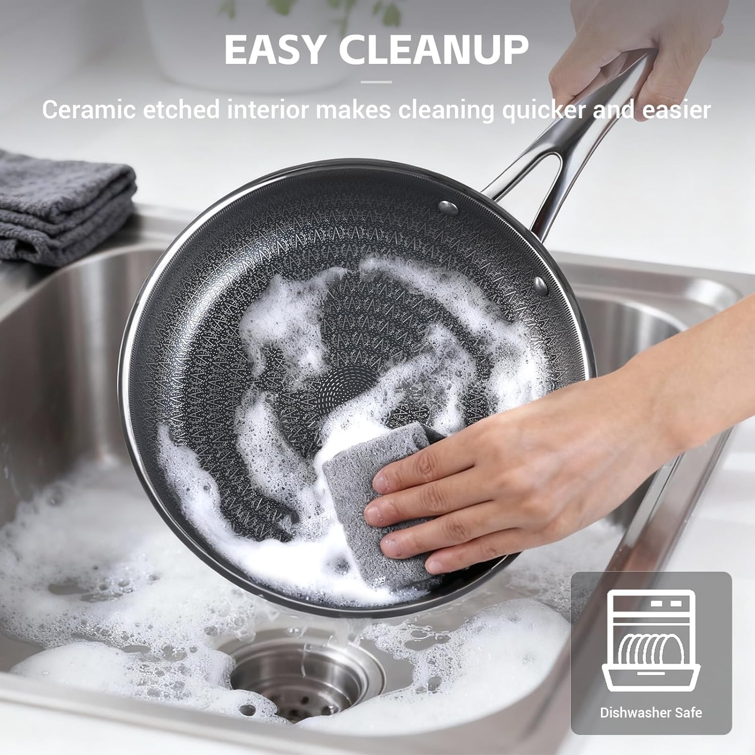 Ammeloo Tri-Ply Stainless Steel Frying Pan Set of 3, 8", 9.5", 11", Non Stick Frying Pans and Skillets, Non Toxic Hybrid Pan, Induction Compatible Cooking Pans, Chef Pan, Black Interior - Image 4