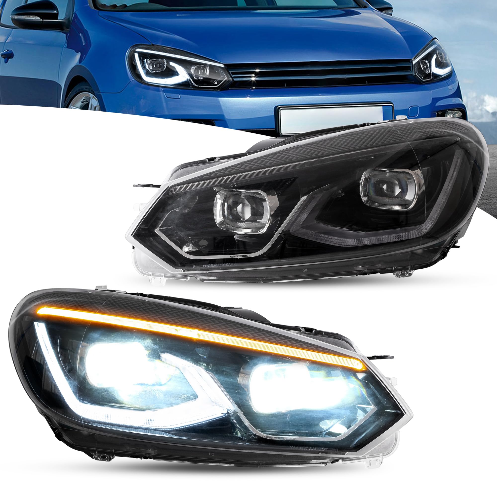 VLAND Reflektory Full LED do Golf 6 TSI halogenowe 2008-2013 [nie do ksenonu/GTI/R/TDI], przednie światła z wyświetlaczem dynamicznym, 1 para