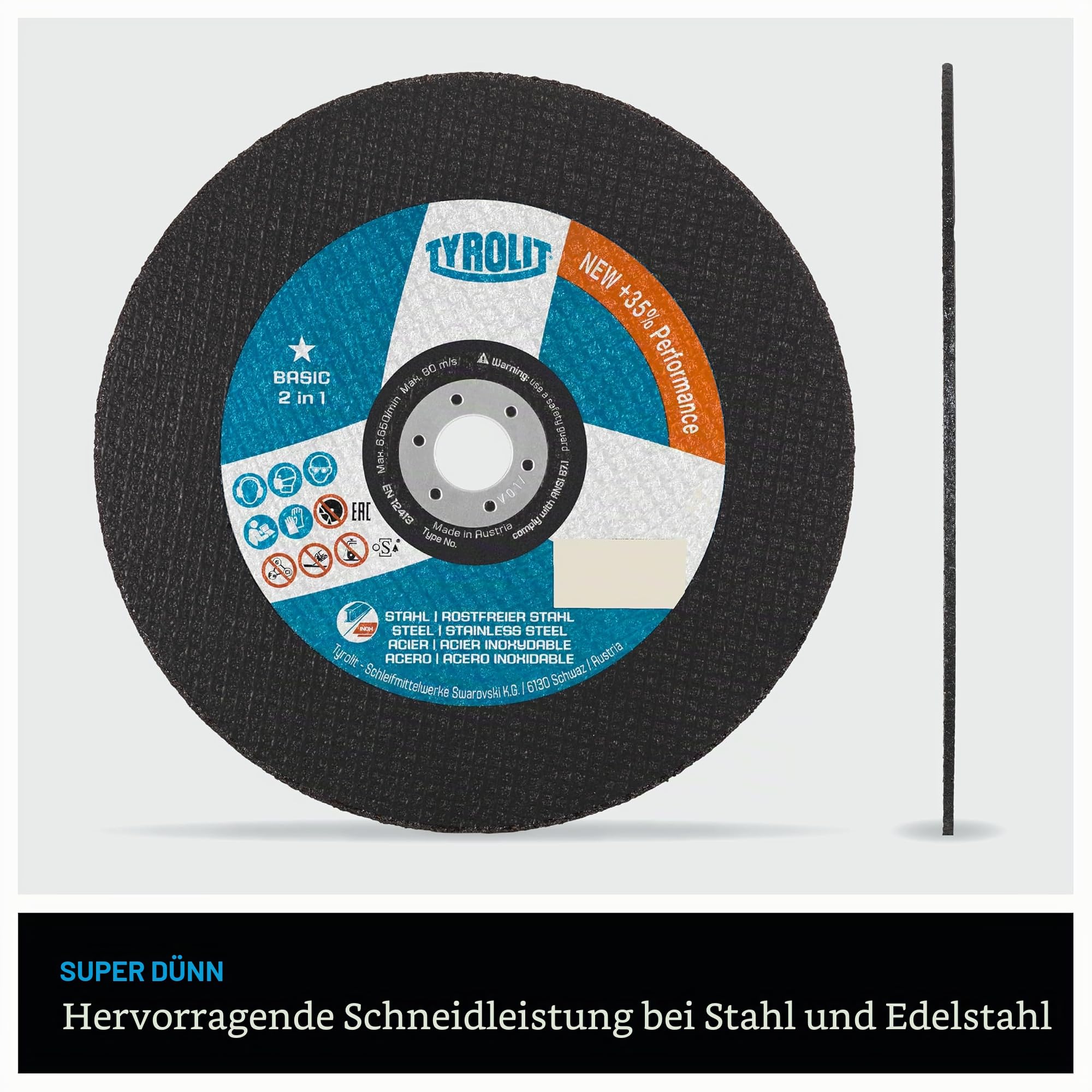 Tyrolit 2-in-1 Superdünne Trennscheibe für Edelstahl, 230 x 1,9 x 22,23 mm (Packung mit 25 Stück).