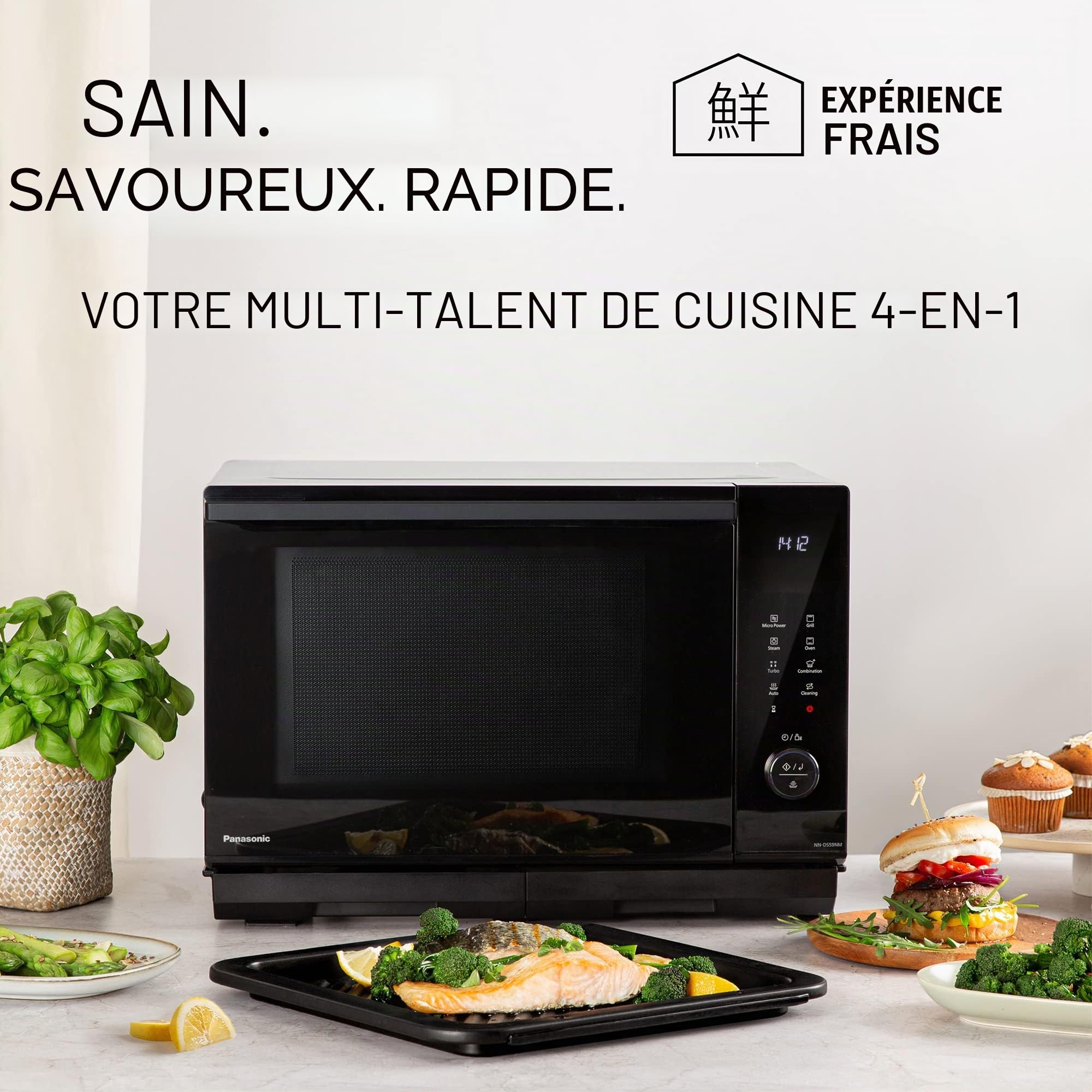 Panasonic NN-DS59NMETG Four à micro-Ondes Combiné 4-en-1 avec Gril, 27 Litres, 1000W, Cuisson à Deux niveaux, Capteur Genius, 32 Programmes Automatiques, Plateau Gril, Nettoyage Facile, Noir