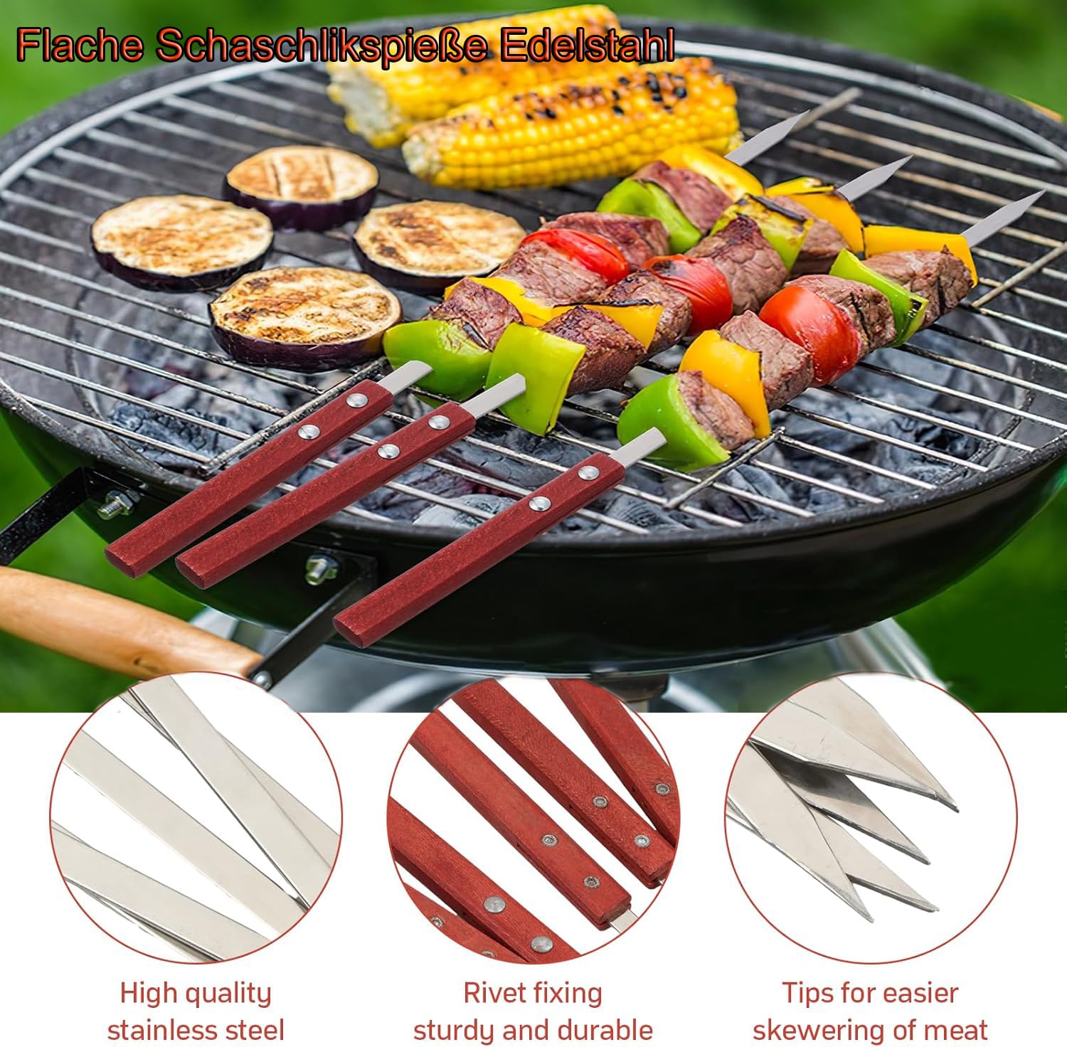 Adana Lot de 8 brochettes réutilisables 40 cm avec manche en bois, brochettes plates en acier inoxydable pour viande et légumes