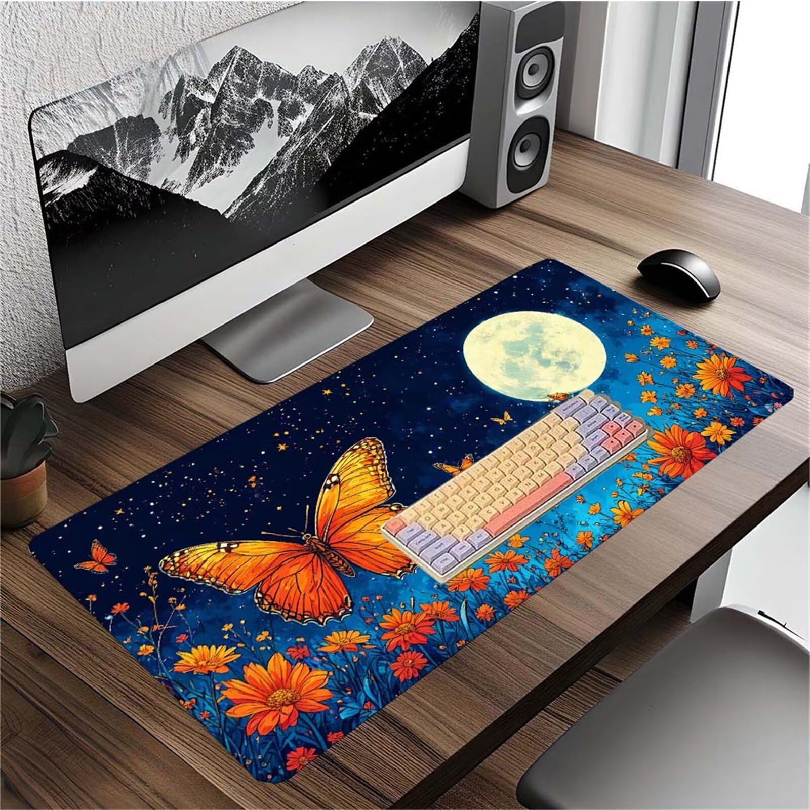 Alfombrilla Ratón Mariposa Luna Alfombrilla Ratón XXL 1400x600x3mm Mouse Pad Resiste Salpicaduras, Extendida de Gran Tamaño con Bordes Cosidos, Mejora la Precisión y la Velocidad, Antideslizante y-239
