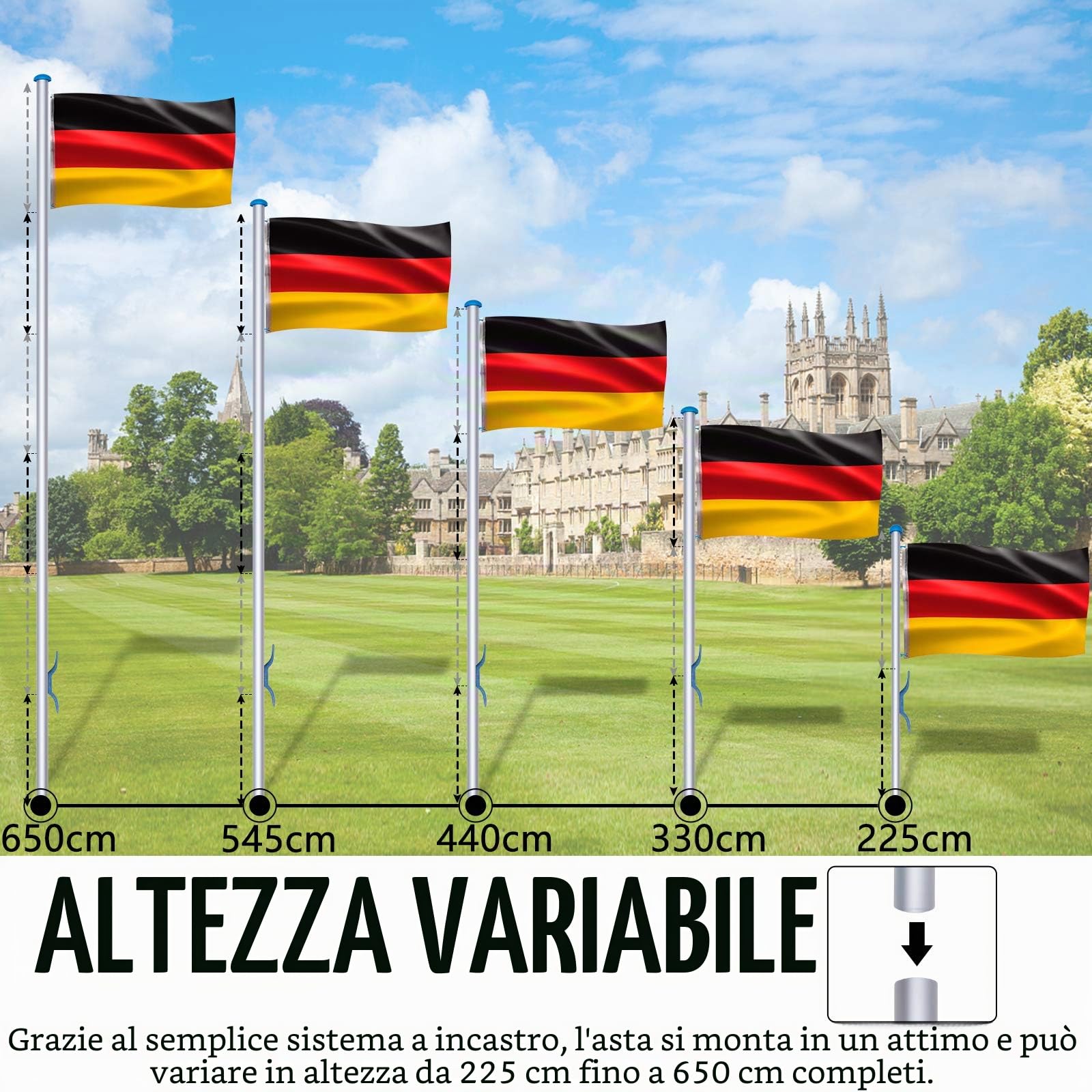 UISEBRT Asta per bandiera in alluminio da 6,5 m, con manicotto stabile da 50 cm e bandiera della Germania