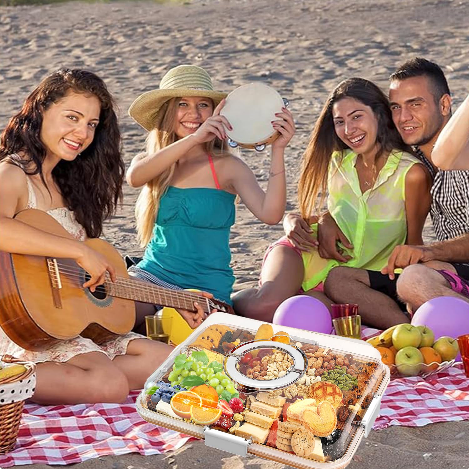 Tabla de Charcutería con Tapa Transparente y Asa, Contenedor Portátil de Bambú para Snacks con Tabla de Cortar para Queso, para Picnic, Fiesta, Regalo de Calor Casero (Blanco)
