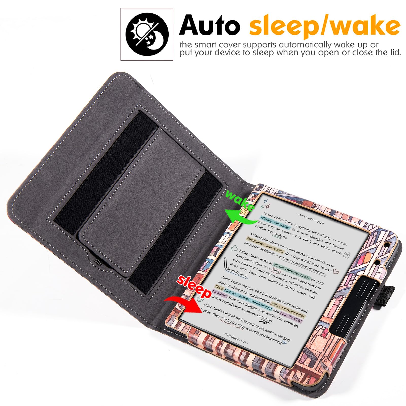 Funda para Kobo Libra Colour 2024 | Soporte plegable integrado y correa de mano | con soporte de encendido automático y bolígrafo | Funda de piel sintética para Kobo Libra 2 / H2O
