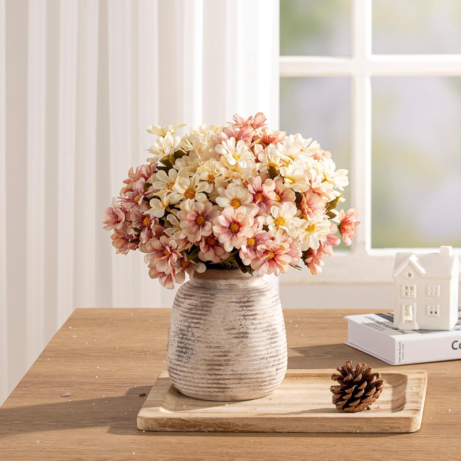 Ceramic Small Flower Vase, 6“ Rustic Farmhouse Vases Home Decor, Short Pottery Decorative Pampas Vase for Table Living Room Entryway Mantel Bookshelf Bedroom Bathroom Kitchen-Rustic