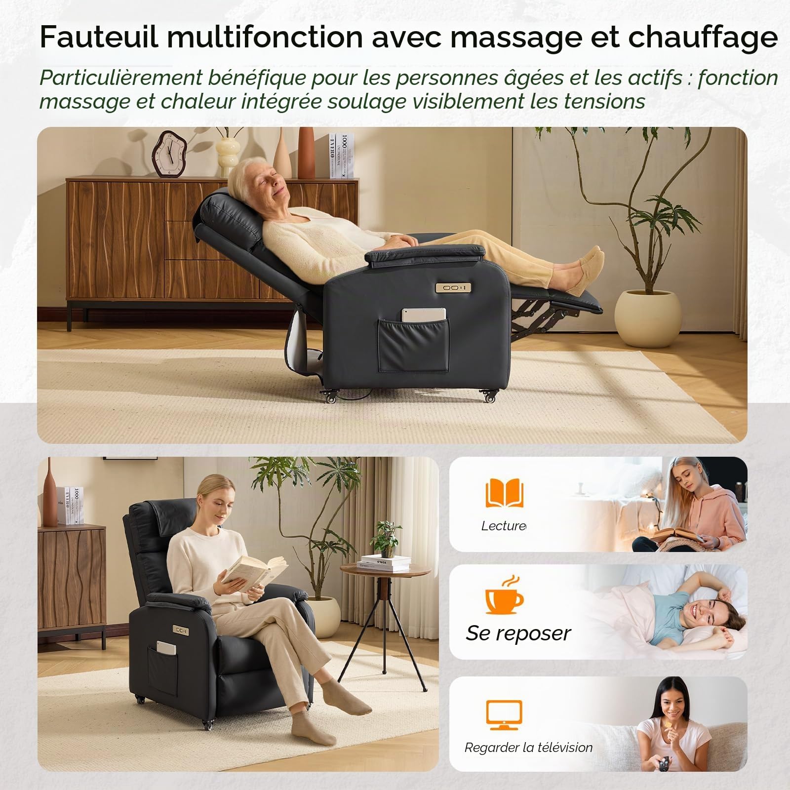 Bonnlo Fauteuil de relaxation, fauteuil de télévision, fauteuil de massage électrique avec fonction allongée, fauteuil TV, massage à 2 points et fonction chauffante, ports USB-C et USB-A, 1 poche
