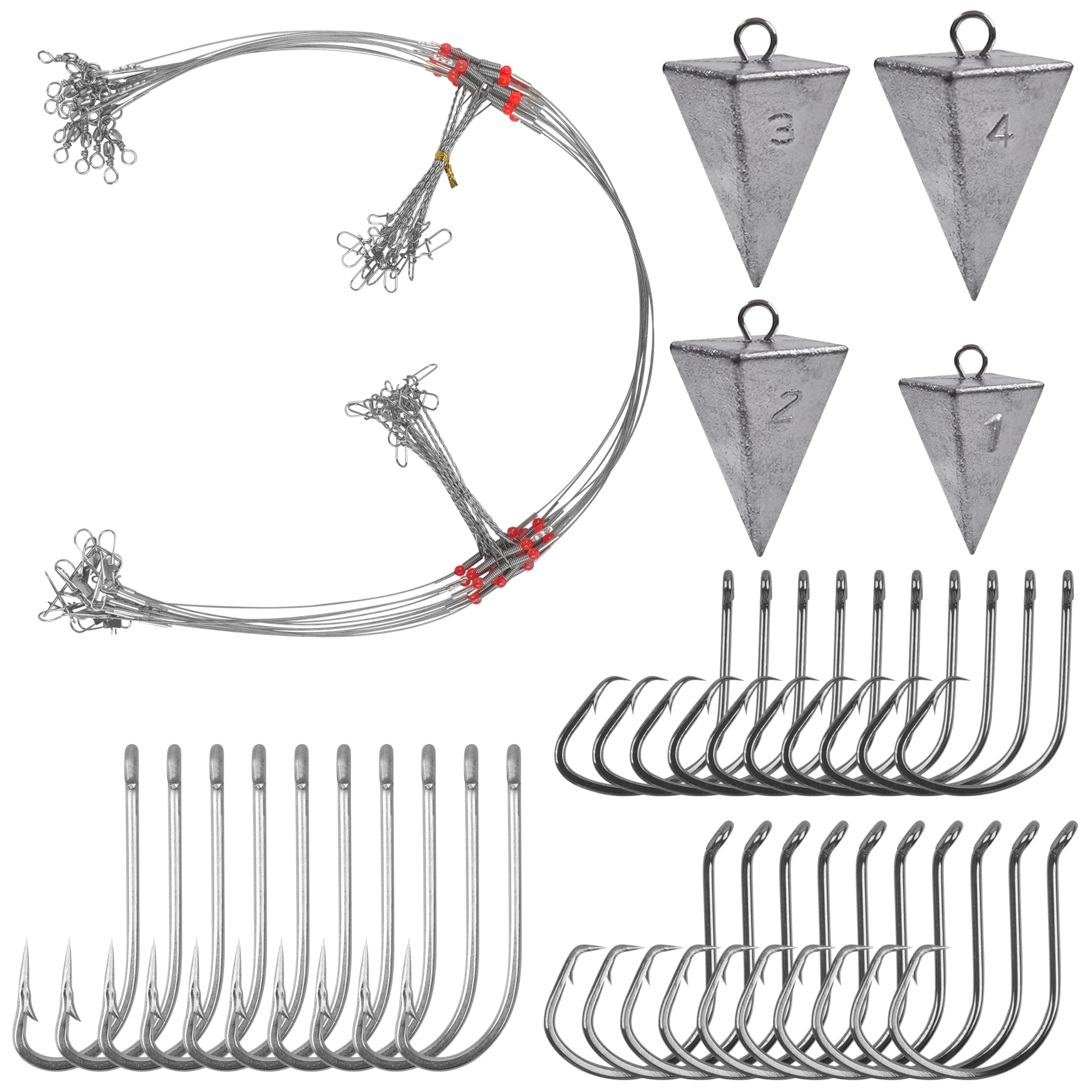 Saltwater Surf Fishing Leader Rig – 46pcs Pyramid Sinker Octopus Circle Hook Forged Hook Wire Trace Leader Rig with Swivel Snaps Beads