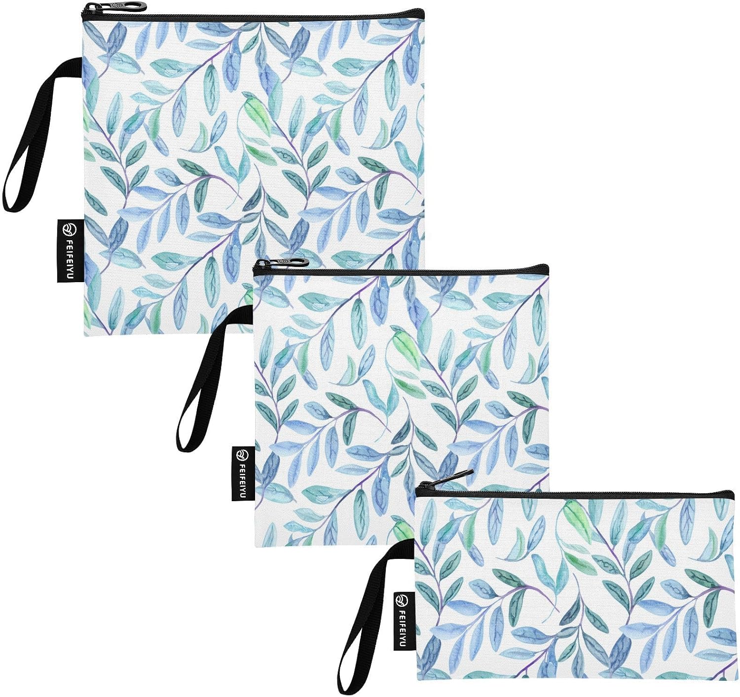 Breeze Leaf Pattern 3 Pack Pack Reusable Food Bag Sandwich Bag Snack Bags Washable Food Storage Bags with Handle for Lunch Travel Cosmetic Office