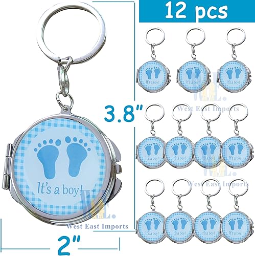 Miniatura 2 de 12 piezas de llavero de espejo compacto para baby shower, diseño de huella azul para niño, idea de regalo