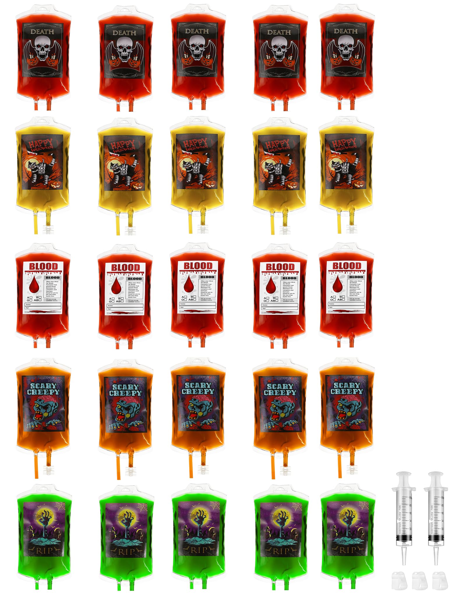 20Packs Halloween Blood Bag for Drinks: 5Design Reusable Drink Pouches Containers Shot and Clips Pouch Prop for Vampire Zombie Hospital Theme Party Supplies
