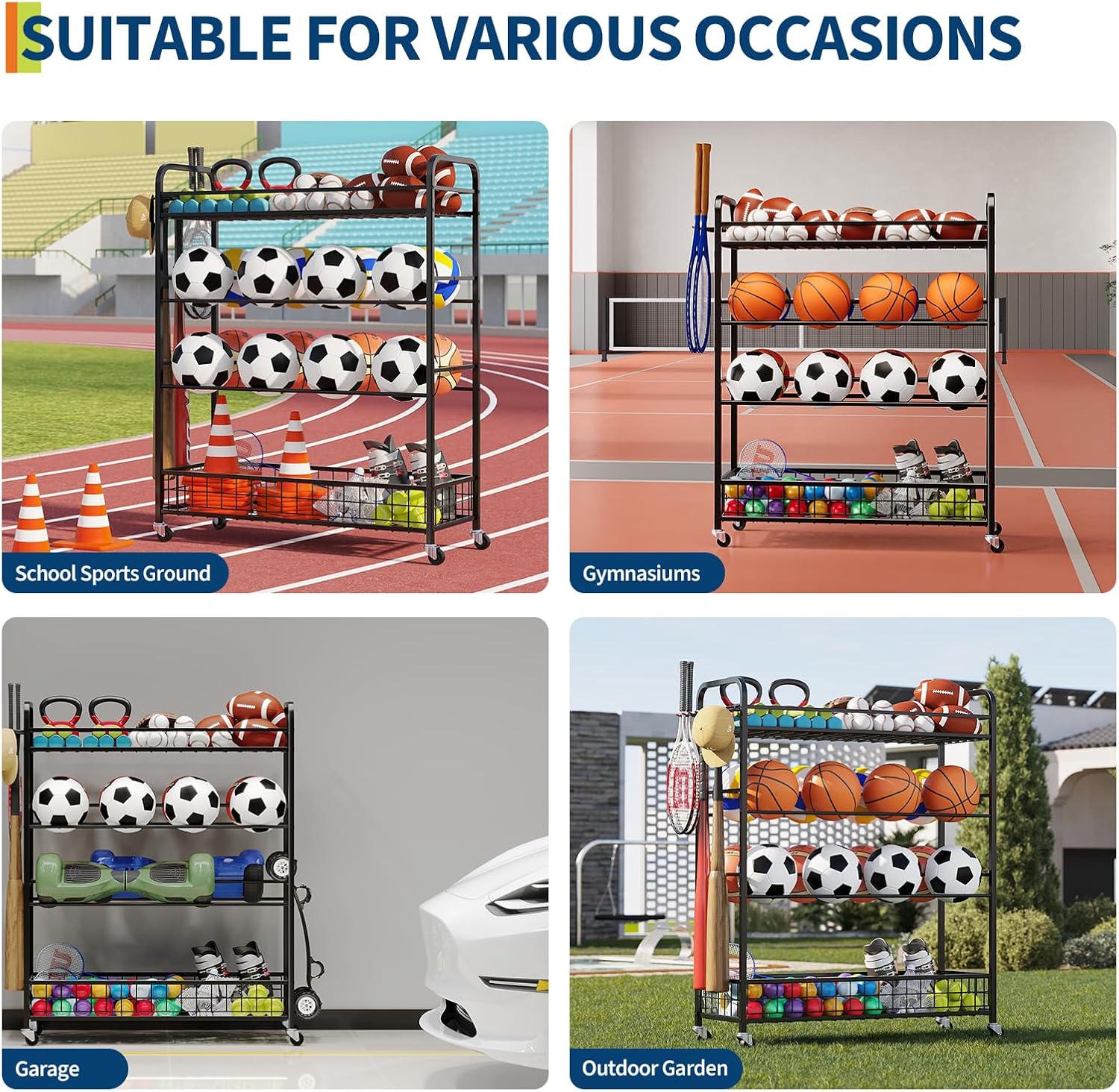 GarveeLife Garage Sports Equipment Organizer - Rolling Ball Storage Bin with Wheels, Garage Sports Gear Rack Outdoor Basketball Racks for Balls with Baseball Bat Holder and Hooks, Toy Organizer