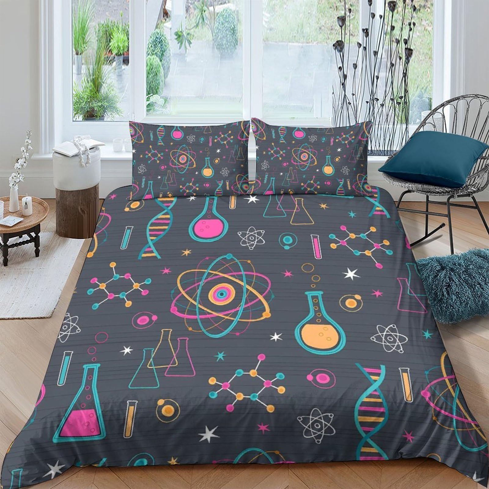 GPLZQXKJNH 3D Printed Science Lab Duvet Cover Microfiber Soft Chemistry Pattern Bedding Set with 2 Pillowcases for Bedroom Decor Single（135x200cm）