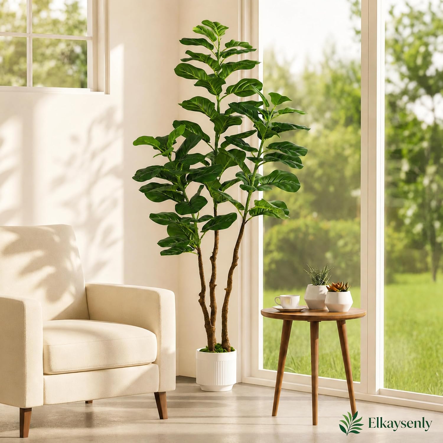 5FT Faux Fiddle Leaf Fig Tree with White Planter, Indoor Plant