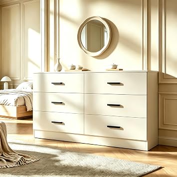 6 Drawer Dresser for Bedroom, Modern Chest of Drawers, Bedroom Furniture with Large Organizer, Wood Double Dresser with Deep Drawers and Sliding Rail 47.24 W x 16 D x 27.5 H White