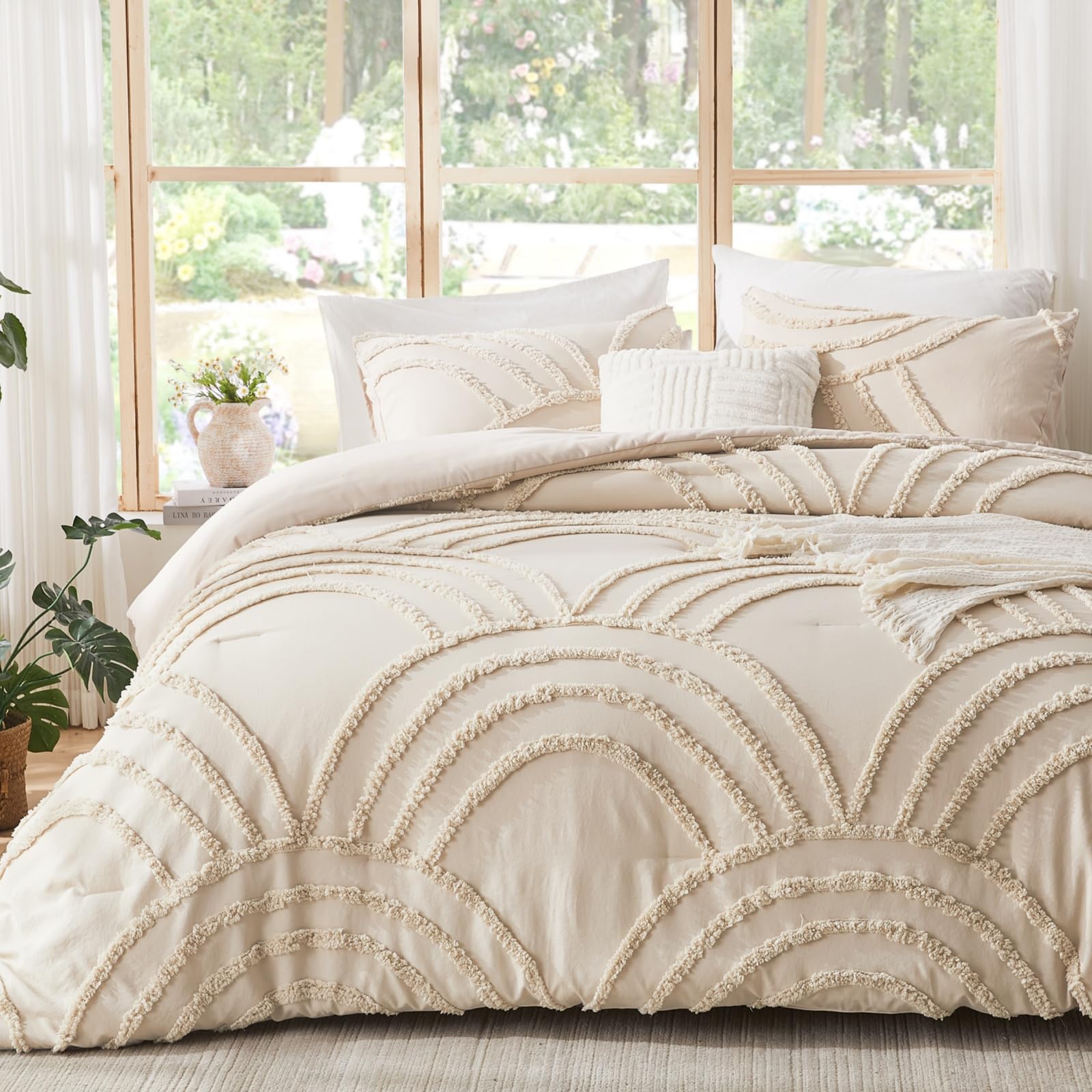 ENJOHOS Boho Queen Comforter Set Beige Tufted Rainbow Bedding for Queen Size Bed, Boho Chic Decor, 3 Pieces Lightweight Fluffy Soft Microfiber Cream Comforter with 2 Pillow Cases for All Season