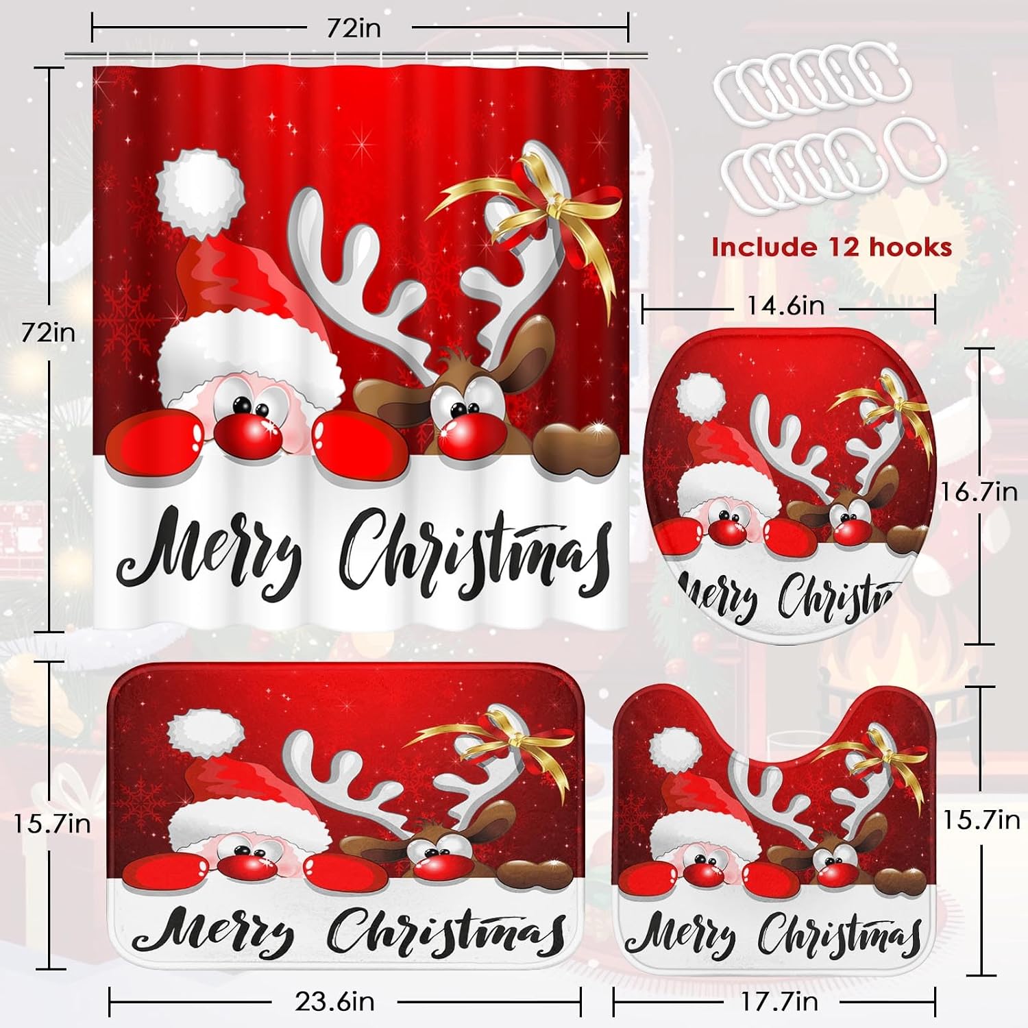 Britimes 4 Piece Shower Curtain Sets with 12 Hooks, Red Christmas Santa Reindeer Cartoon with Non-Slip Rugs, Toilet Lid Cover and Bath Mat for Bathroom Decor Set, 72" x 72"