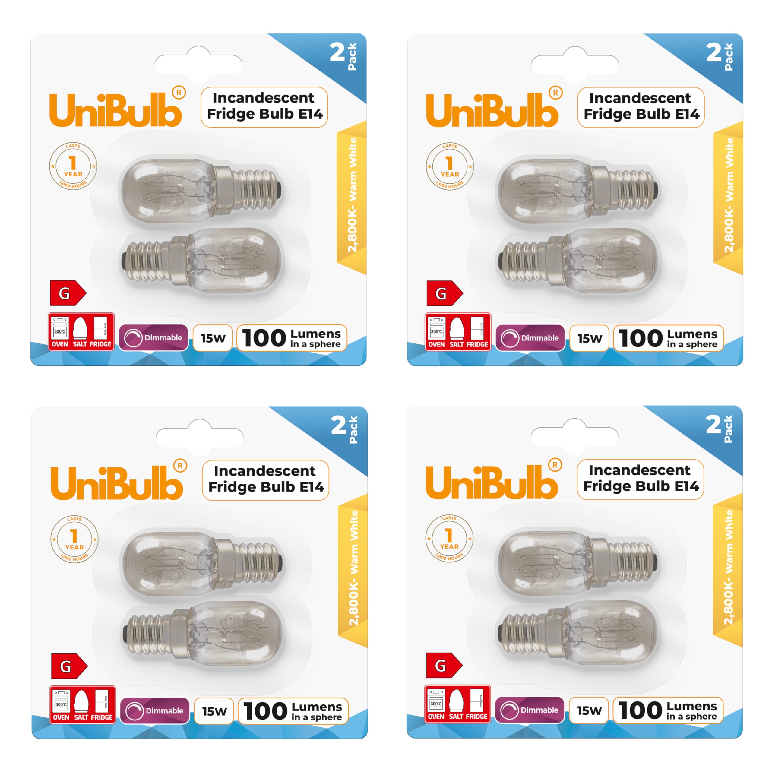 Unibulb 15W E14 Fridge Light Bulb 230V-240V Pygmy SES Incandescent Bulbs 2800K Warm White | Suitable for Salt Lamps, Ovens, Fridges or Freezers | Small Edison Screw Base (8)