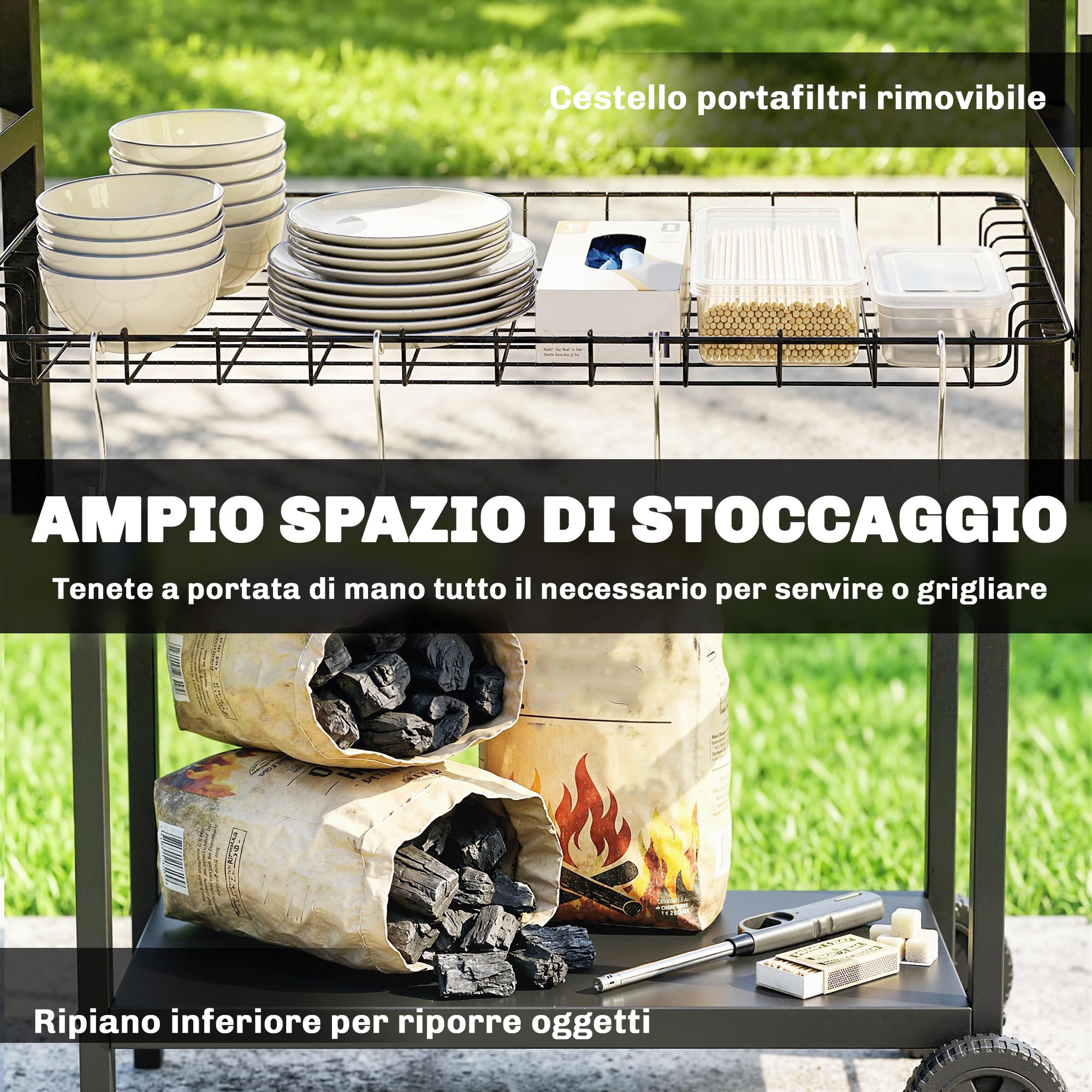 Outsunny Carrello Barbecue da Esterno con Piano in Acciaio Inossidabile, Carrello Cucina da Esterno con 2 Ruote, Porta Spezie, 4 Ganci e Maniglia Laterale, 114x61x81 cm, Nero