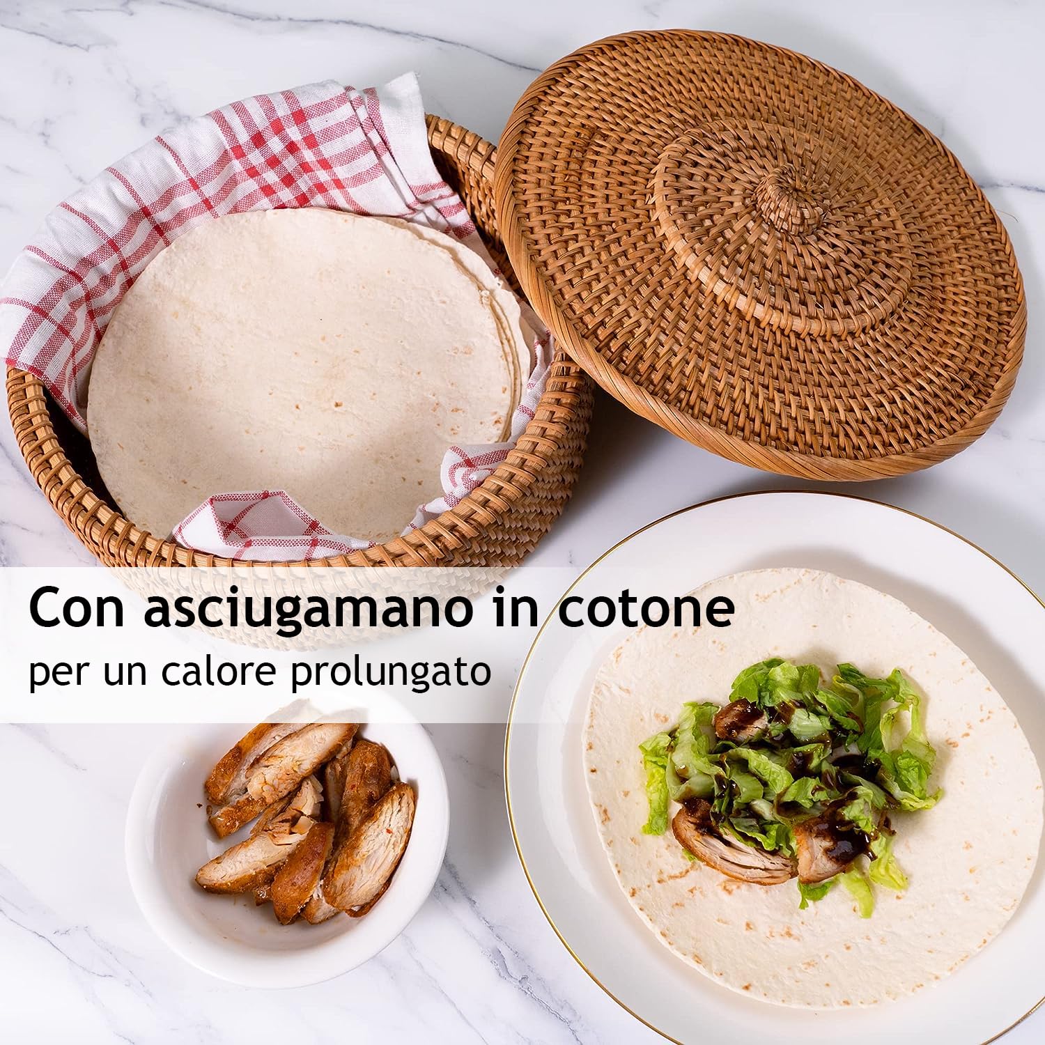 Tortillada - Scaldatortillas 26 cm Rattan – Cestino Pane Fatto a Mano per Tortillas, Wrap e Pane Piatto – Con Panno in Cotone, Mantiene il Cibo Caldo