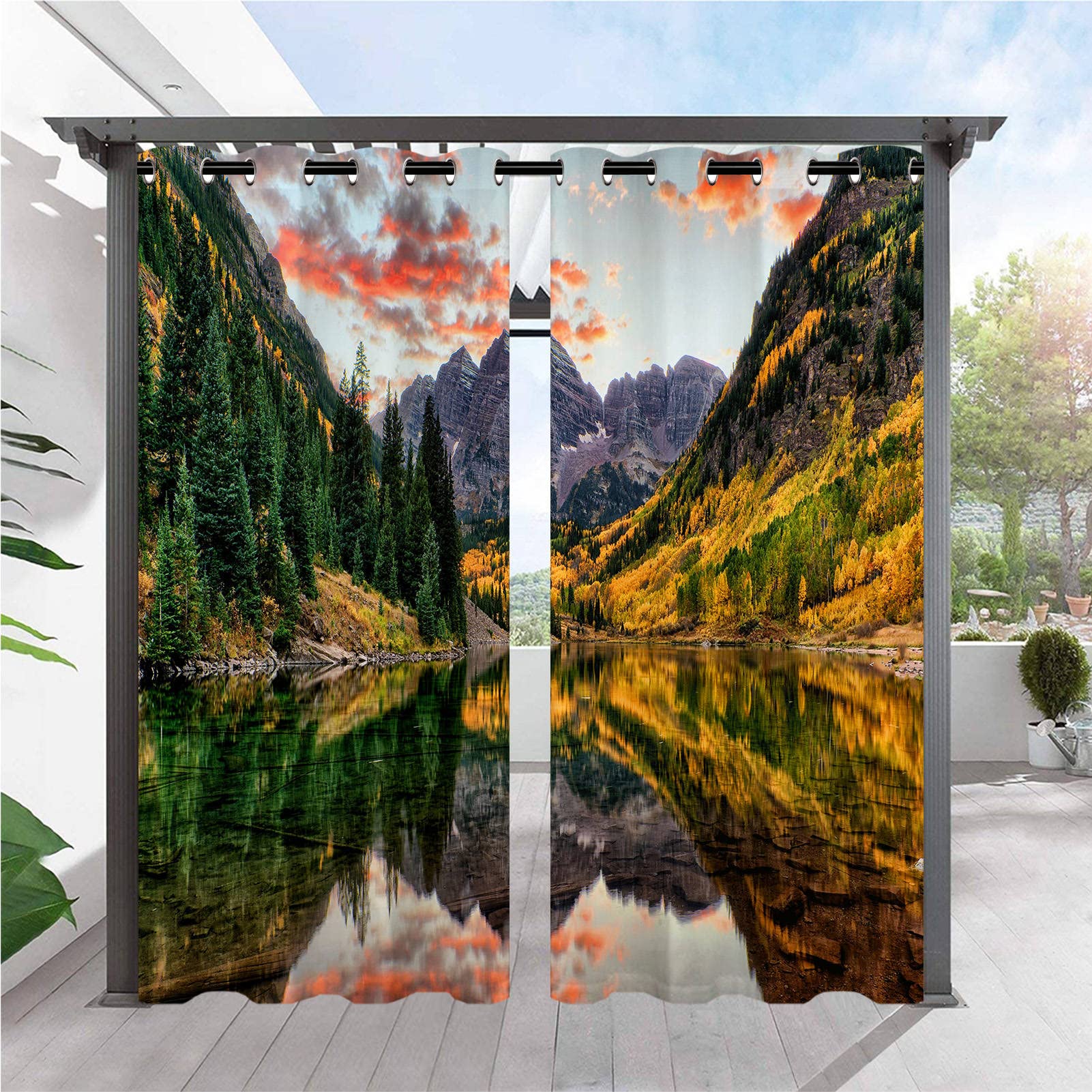 ANHOPE Outdoor Curtains Waterproof Eyelet Ring Top Drapes Nature Scenery Mountain Forest Lake Print Pattern Privacy Outside Curtains for Garden Patio Gazebo Pergola Porch Pool 2 Panels 52 x 108 Inch โ image 1