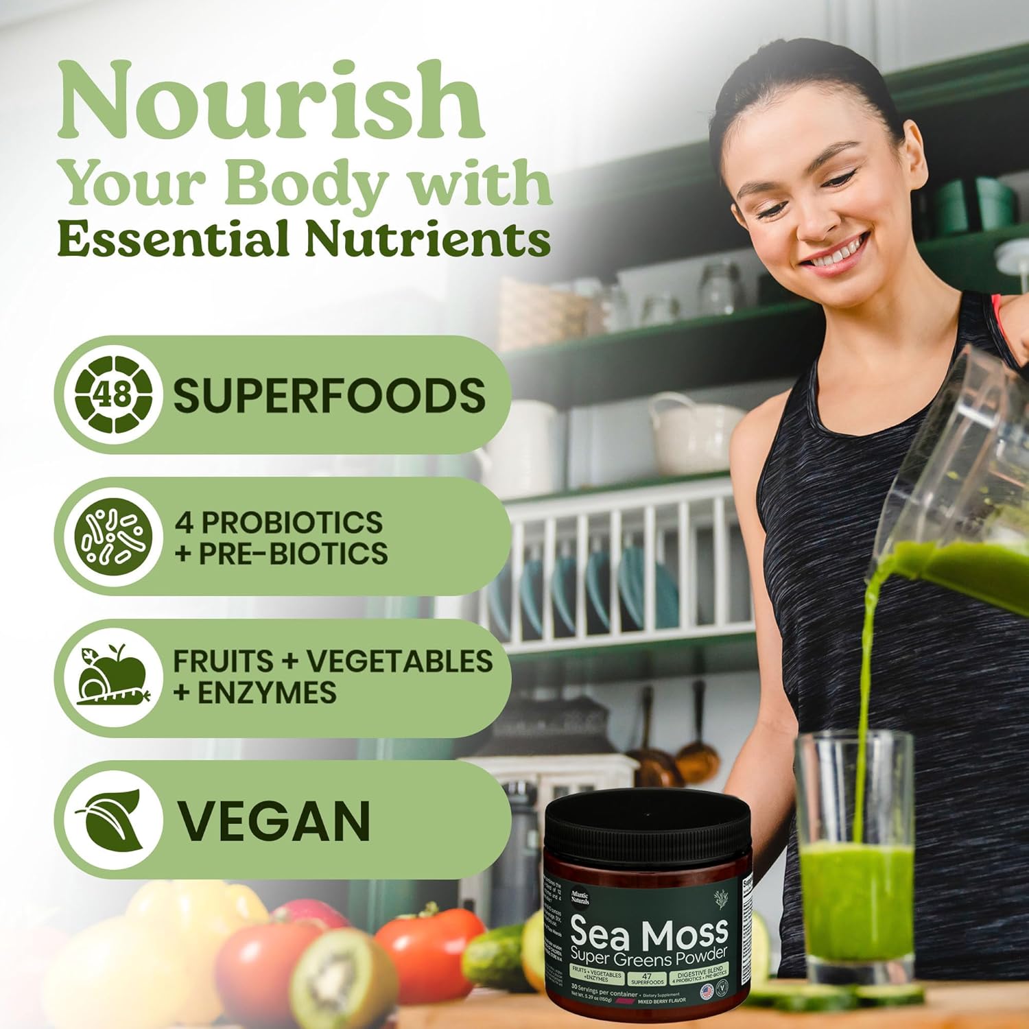 Atlantic Naturals Organic Sea Moss Super Greens Powder | Daily Greens Superfood for Energy, Digestion, Skin & Immune Support | Enriched with Fruits, Veggies & Probiotics – Mixed Berry Flavor 5000mg