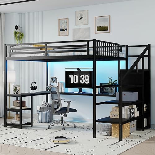 Queen Size Loft Bed with Desk and Stairs, Gaming Loft Bed with RGB LED Light and Storage, Heavy-Duty Metal Loft Beds Frame with Wardrobe, Shelves and Charging Station for Adults Kids Teens, Black