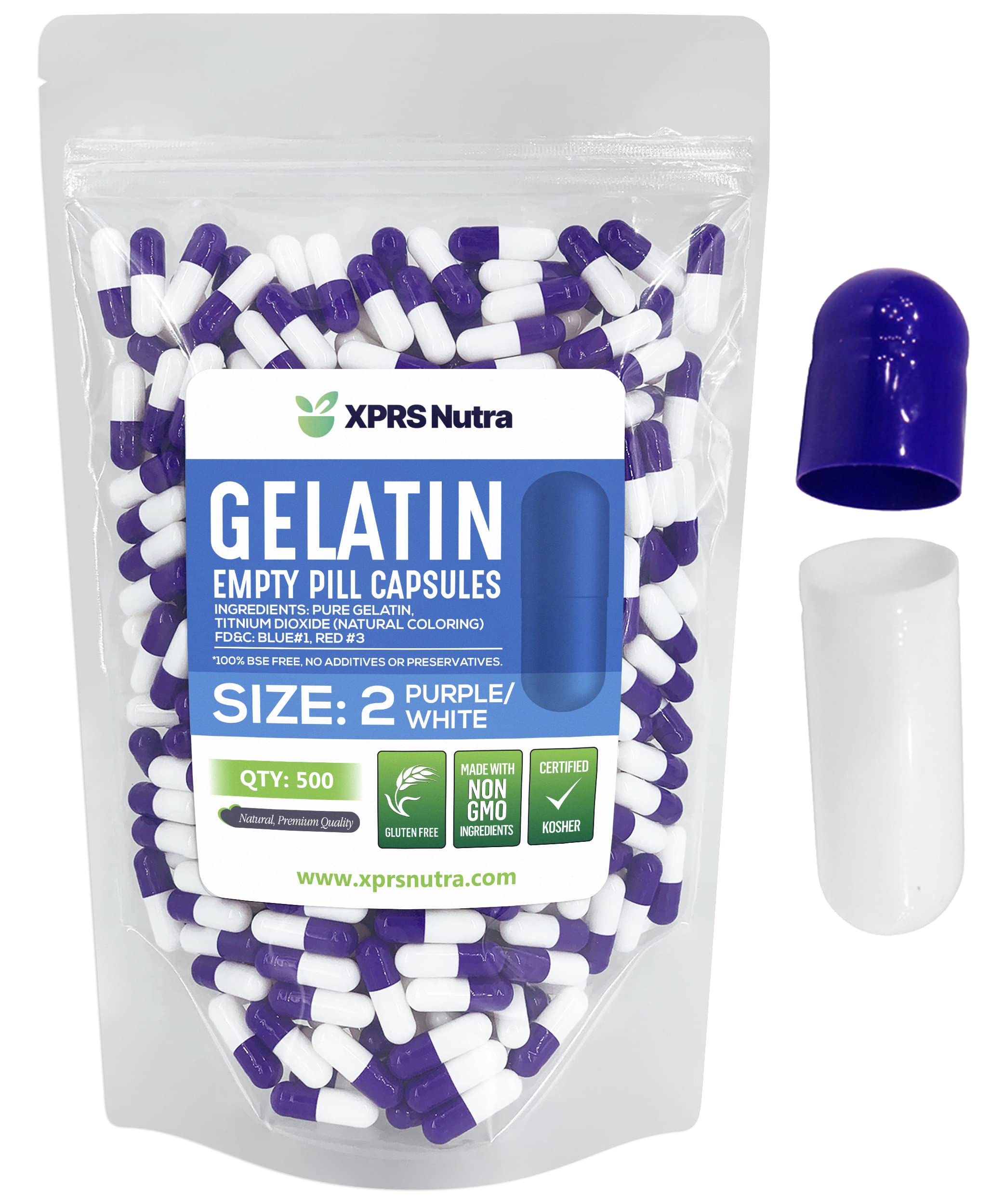 XPRS Nutra Size 2 Empty Capsules - 500 Count Empty Gelatin Capsules - Pills DIY Capsule Filling - Pure Bovine Pill Gel Caps for Do-It-Yourself Supplements (Purple/White) 500 Count (Pack of 1) Purple / White