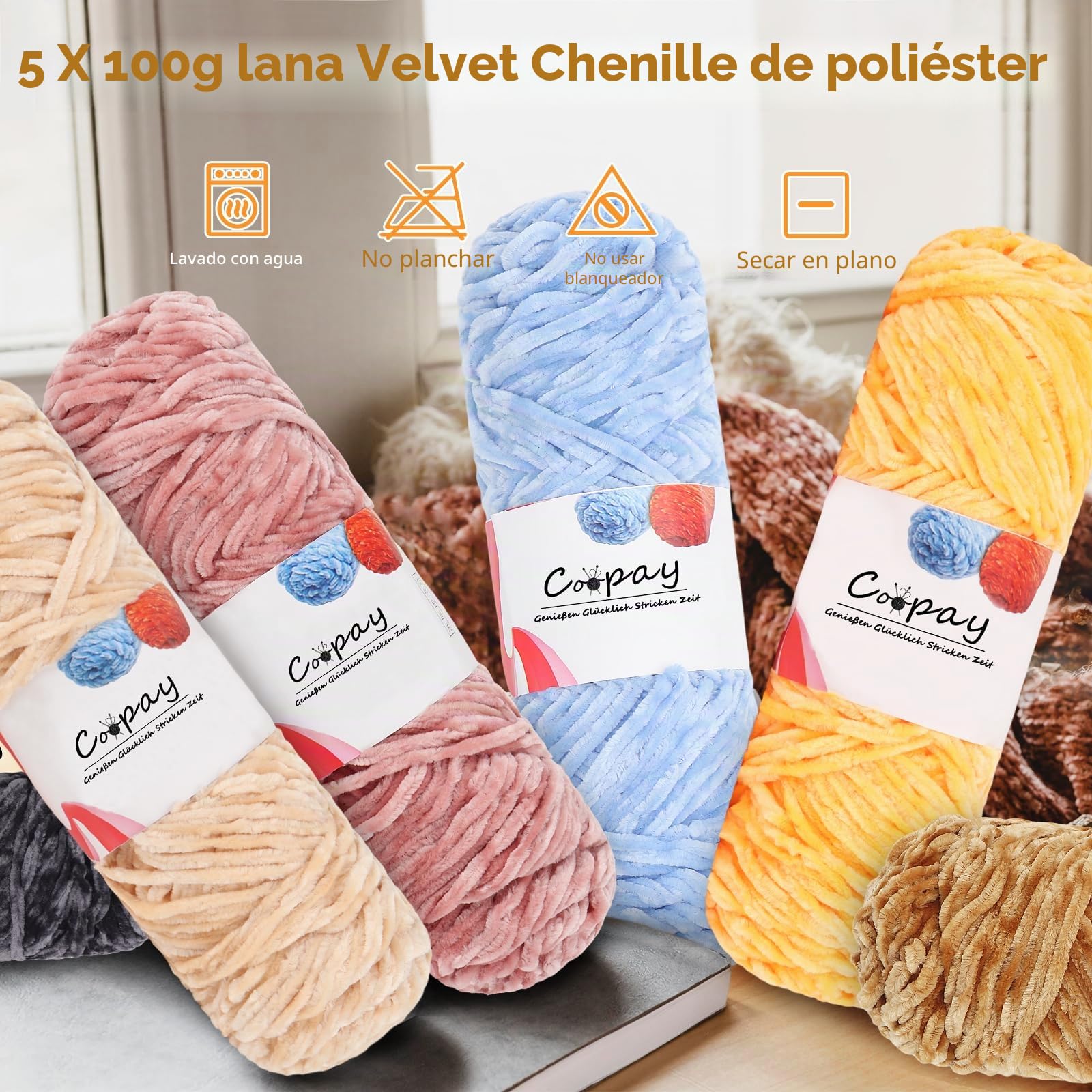 Coopay Lana de chenilla de terciopelo para ganchillo, 500 g (5 x 100 g), hilo de chenilla de terciopelo, lana gruesa para tejer, mullida, suave y aterciopelada, con accesorios de ganchillo para