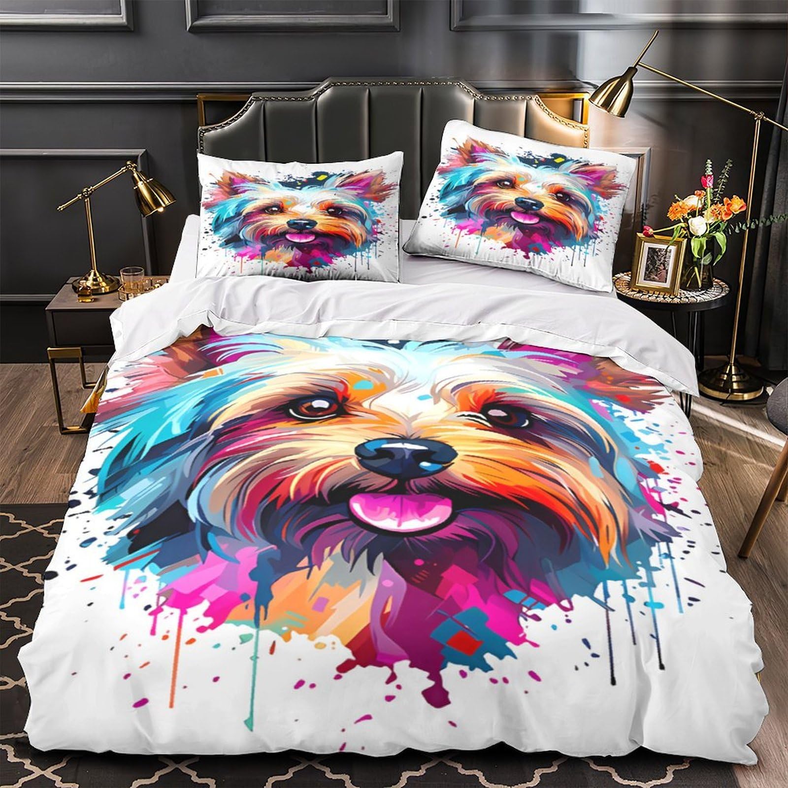 Colorful Dog Portrait Quilt Cover 3D Print Anti-allergic 3 Pieces Bed Set Hidden Zipper Vibrant Comforter Cover Ultra Soft All Season for Adults Kids Teens Women Youth Teenagers Double（200x200cm）