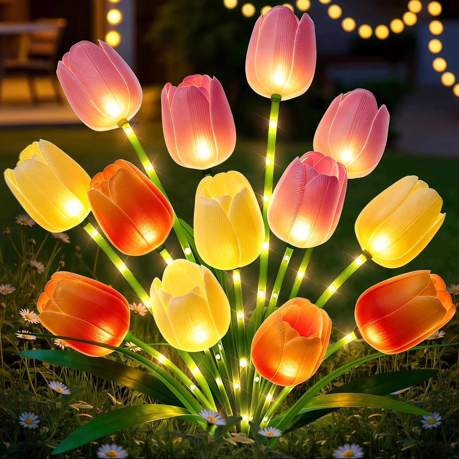 Photo 1 of NESSTU Solar Tulip Lights Outdoor: 3-Pack Solar Flower Garden Lights with Bendable Stems - IP65 Waterproof 800mAh for 12H Lighting - Auto On/Off Garden Decor - Gifts for Mom - Orange Pink Yellow