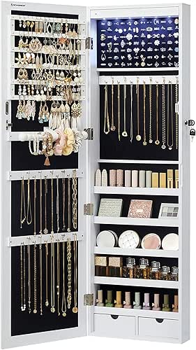 SONGMICS 6 LEDs Mirror Jewelry Cabinet, 47.2-Inch Tall Lockable Wall