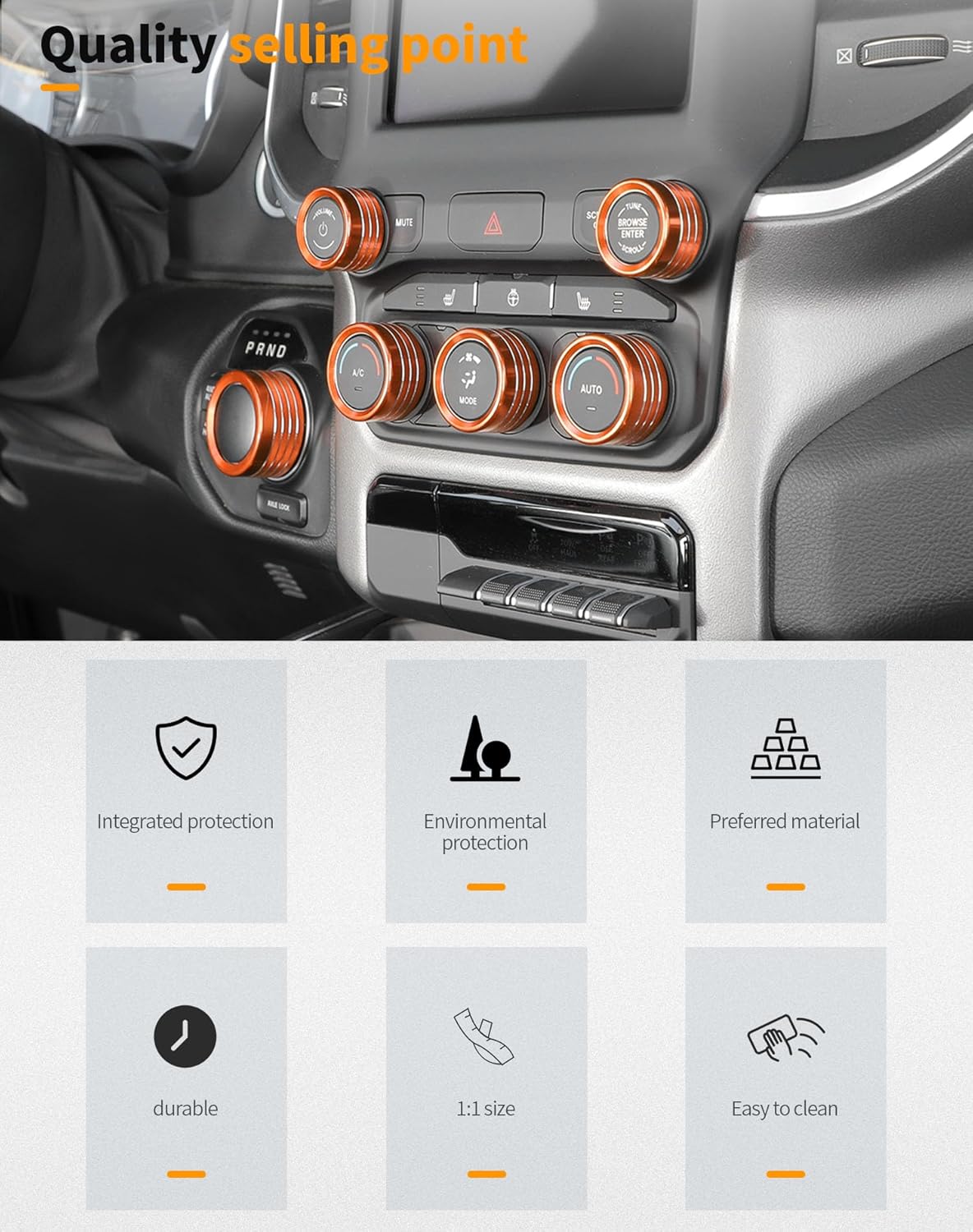 Hoolcar Headlight & Air Conditioner Switch Knob Cover Aluminum Alloy Center Console Switch Knob Cover Compatible with 2018-2025 Dodge Ram, Interior Accessories, Orange, 7PCs