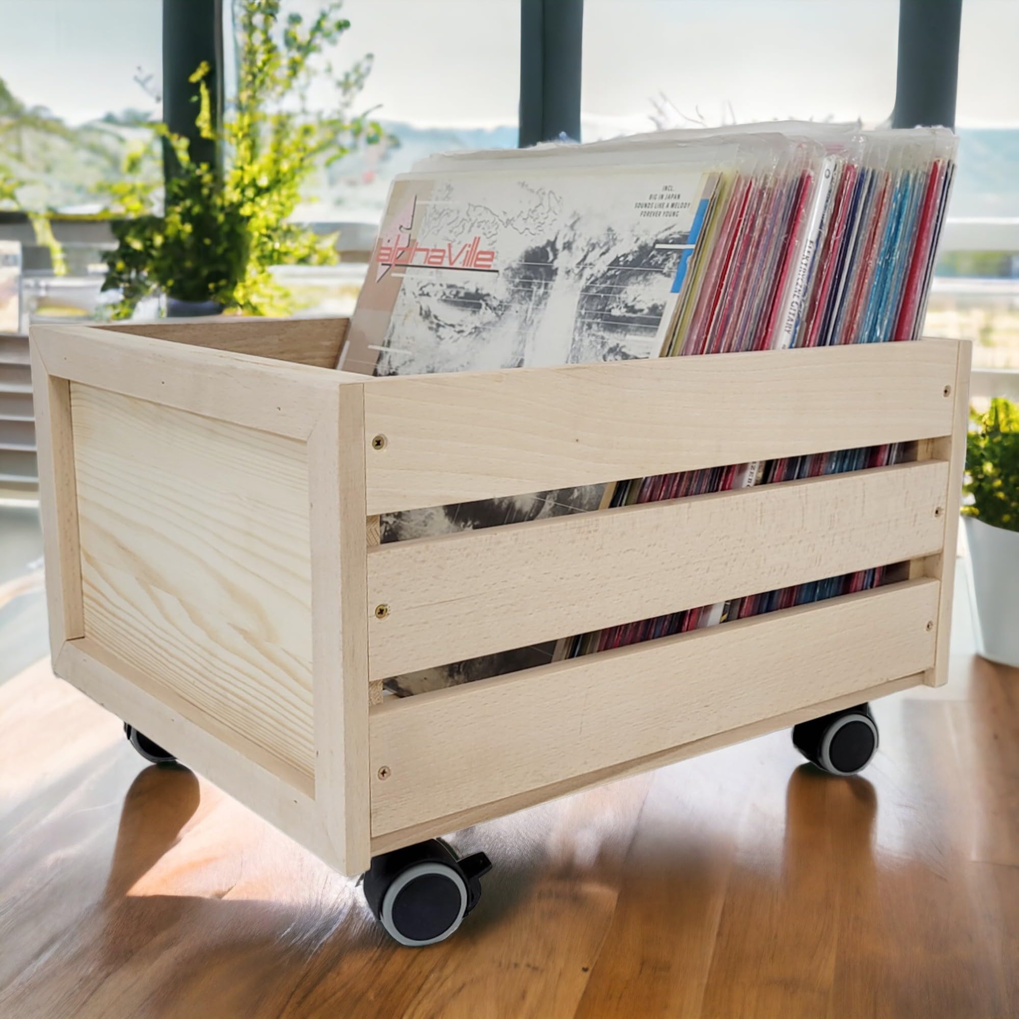 weeco Caisse en bois avec roues pour disques vinyle. Caisse en bois ajourée sur roues pivotantes pour livres, documents, bouteilles. Boîte de rangement en bois de hêtre - Construction solide