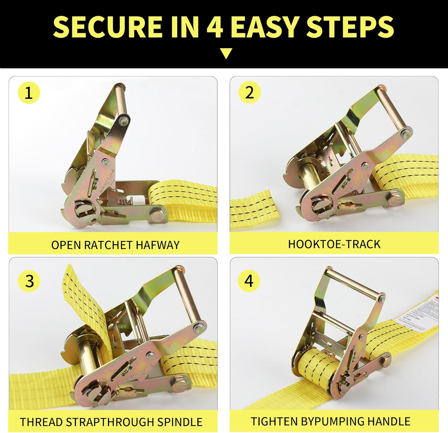 8 Pack 2" x 15' Heavy Duty E-Track Ratchet Straps – Box Truck Straps, Truck Straps, Cargo Tie Down for Trailers, Vans, Motorcycles – 4500 lbs Break Strength, Yellow - Image 7