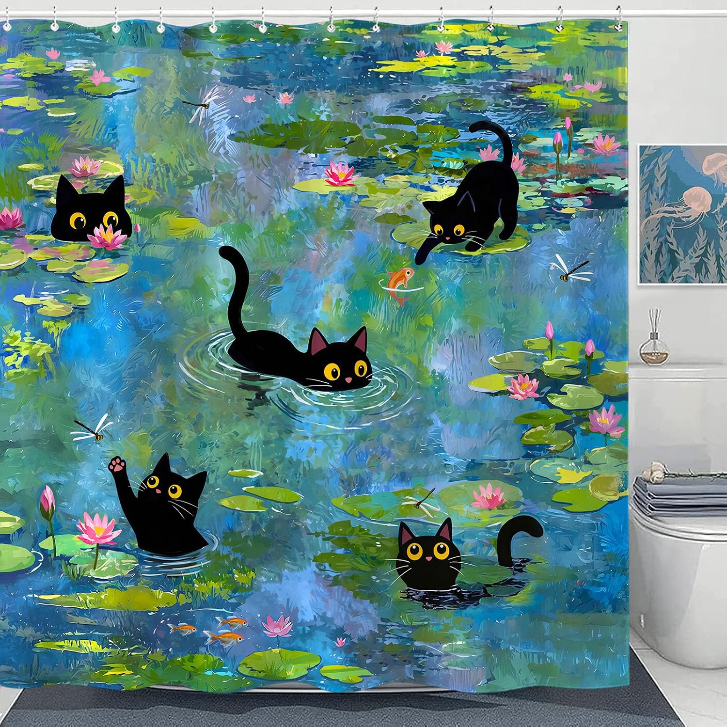 Leeisysme Cute Cat Shower Curtain, Funny Cool Whimsical Kitty Monet Lotus Unique Shower Curtains for Bathroom Decor, 72x72 inch