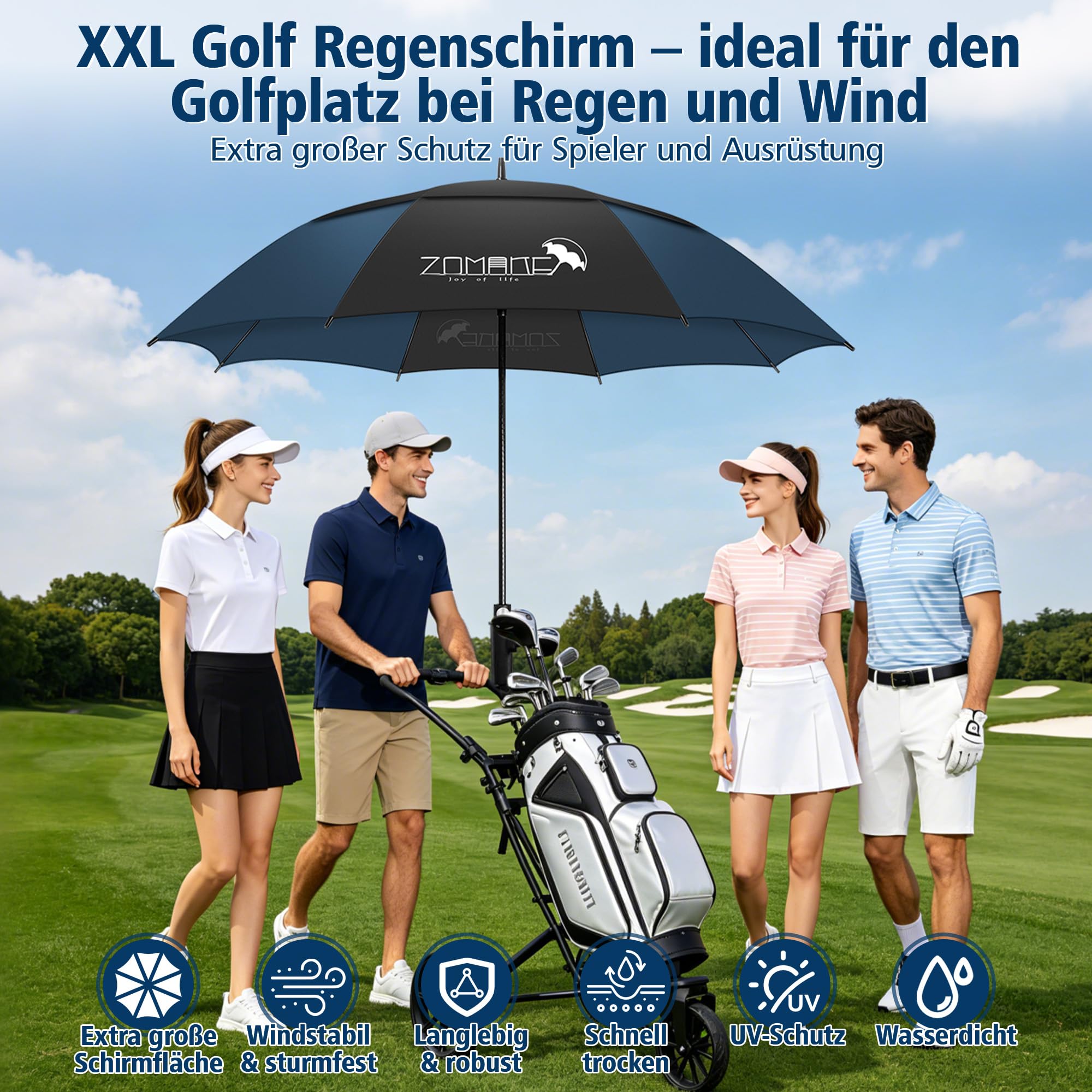 ZOMAKE Regenschirm Groß Sturmfest,XXL/XL Großer Golf Umbrella Sturmfest Automatik,Schirm Windfest Schwarz für 2 Personen,Golfschirm Stabil für Herren Damen Familie