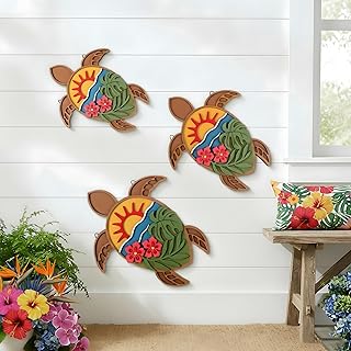 BrightRow 3 Pcs 3D Turtle Wooden Wall Decor Ocean Monstera Hibiscus Wall Art Tropical Coastal Decoration Vintage Home Decor for Bathroom Farmhouse Kitchen Bedroom Garden