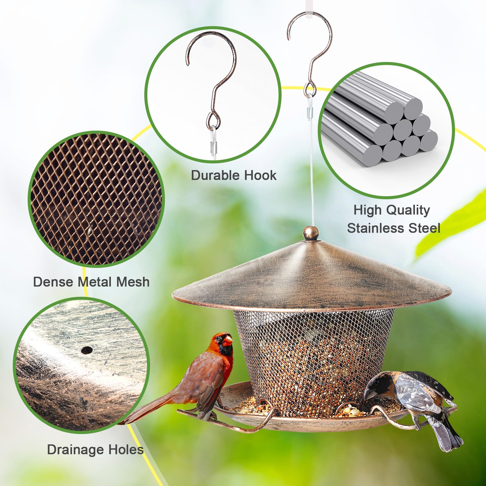 Samhe Bird Feeder for Outdoor, Rainproof Weatherproof Metal Hanging Wild Bird Feeder with 9.8" Roof 3 LBs Seeds Capacity, Easy to Clean & Refill - image 3
