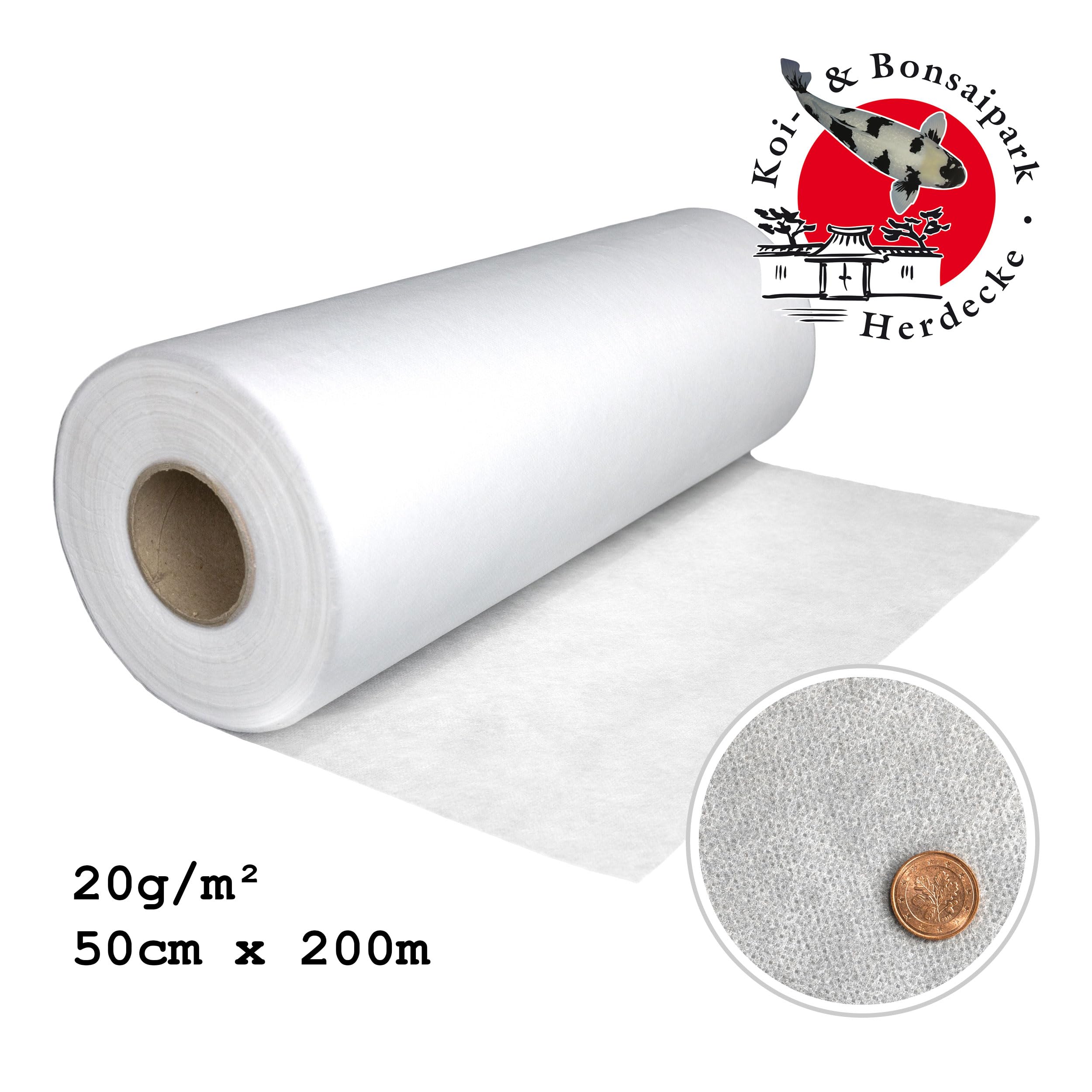 Koi Couverture filtrante pour bassin et systèmes de filtration | Épaisseur : 20 g/m² | 50 cm x 200 m | Rouleau non tissé perméable à l'eau de qualité professionnelle | Fabriqué en Allemagne