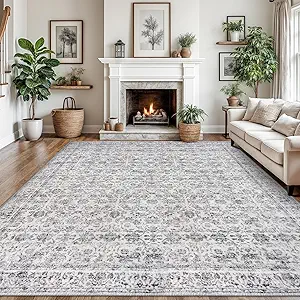 Vintage 9x12 Area Rugs for Living Room Grey Blue White, Machine Washable Large Area Rug Non-Slip, Ultra Soft Floral Tribal Traditional Farmhouse Carpet for Dining Room Bedroom Home Décor