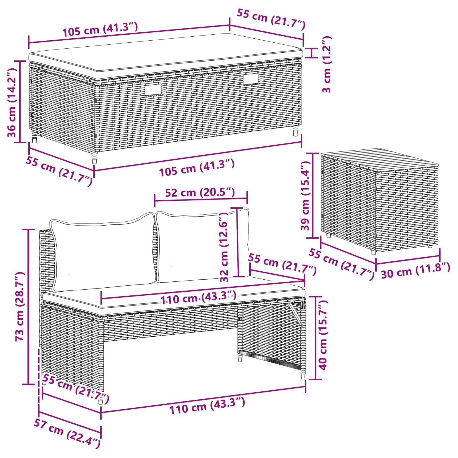 4-osobowa sofa ogrodowa, 4-osobowa, czarna, kremowo-biała, odporna na warunki atmosferyczne, na taras, balkon, werandę, lounge, z poduszkami i miejscem do przechowywania