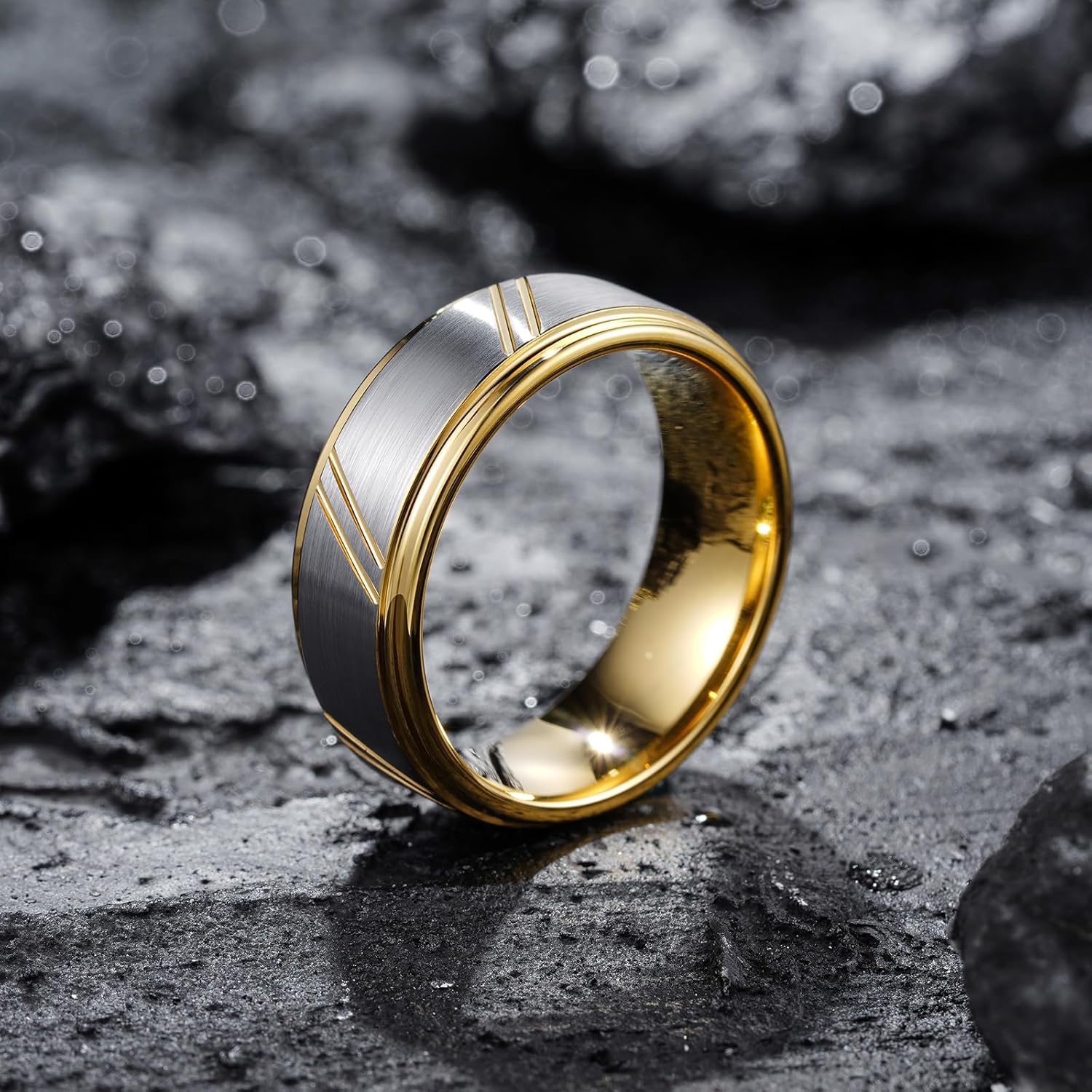 King Will Men's Tungsten Carbide Wedding Band, 7mm 8mm Men Wedding Ring Dual Tone Brushed/High Polished with Unique Grooves Laser - Comfort Fit Size 7-14 - Image 2