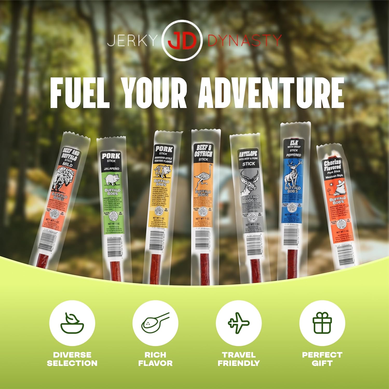 Jerky Dynasty The Ultimate 27-Piece Exotic Jerky with Gift Box - Buffalo Bob's Wild Game Jerky Variety Pack - Exclusive Flavors & Protein Snack - Farm Raised