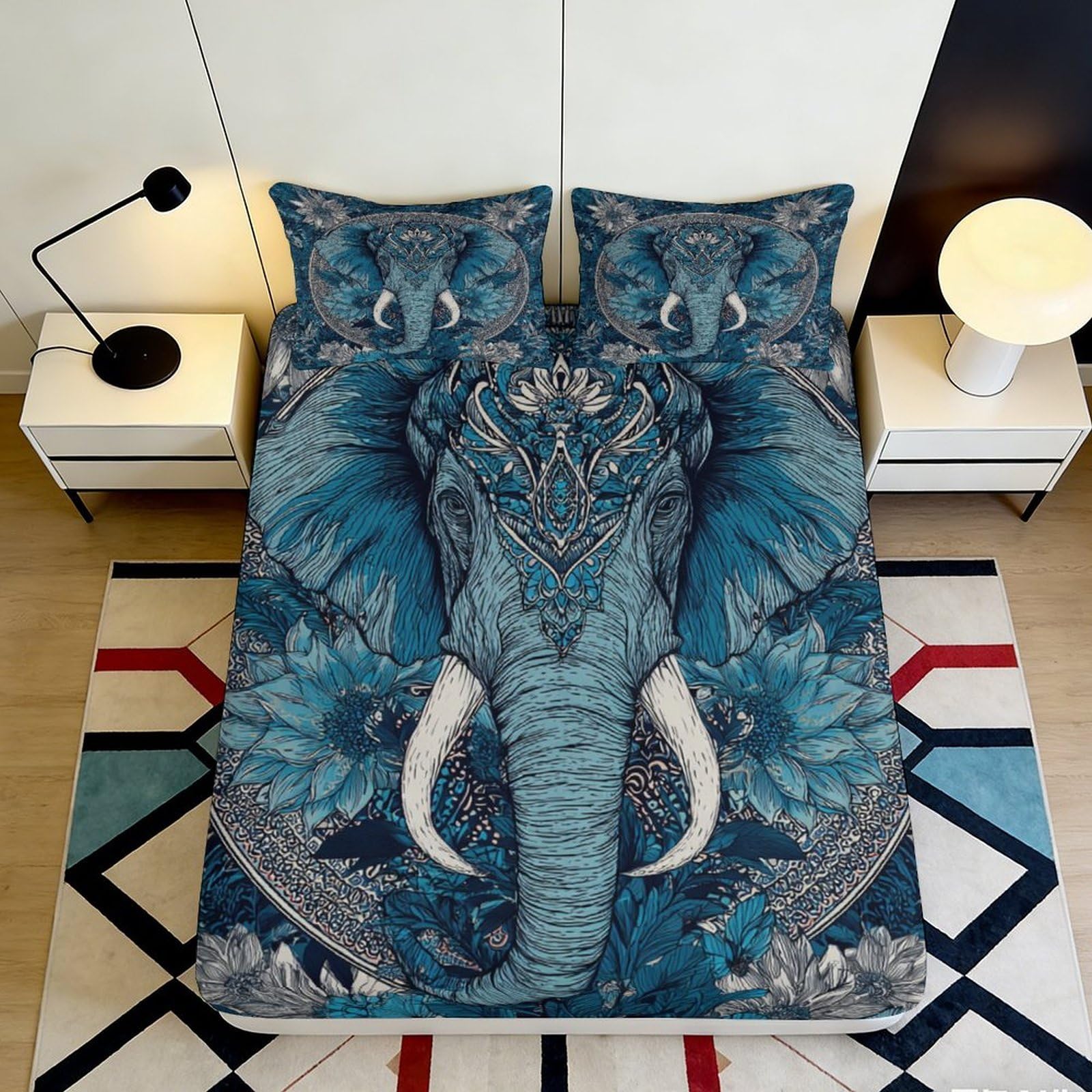 Pnayamiorkfel Style-3 3D Printed Blue Elephant Floral Fitted Sheet Microfiber Soft Breathable Tribal Bed Cover For Bedroom Guest Room Decor 90X200x25cm