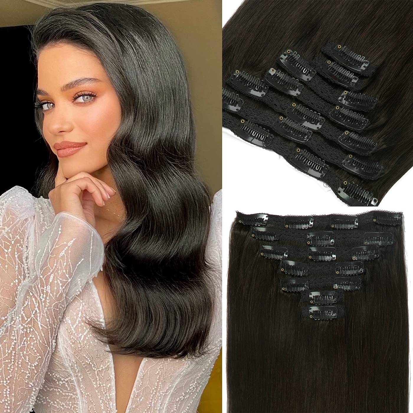 Anrosa 9A Grade Clip on Human Hair Extensions Off Black Double Weft Full Thicker Remy Hair For Women 16 Inch 120G