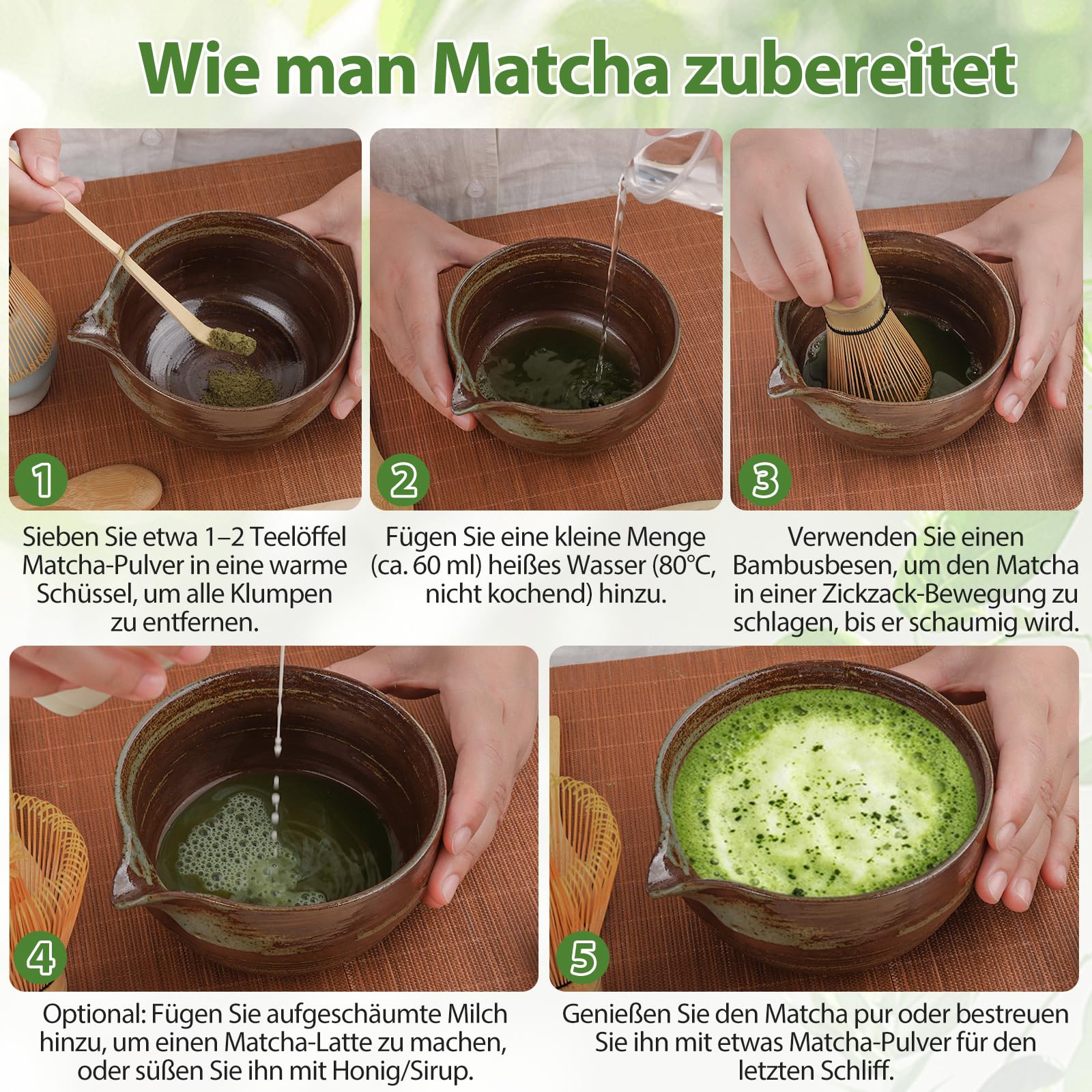 POFIBO Matcha Besen Set - 4-teiliges Matcha Tee Set mit Matcha Whisk, Matcha Löffel, Teepinselhalter aus Keramik, Matcha-Schneebesen-Set, Matchaset, Japanisches Teeset Zubehör für die Matcha-Zeremonie