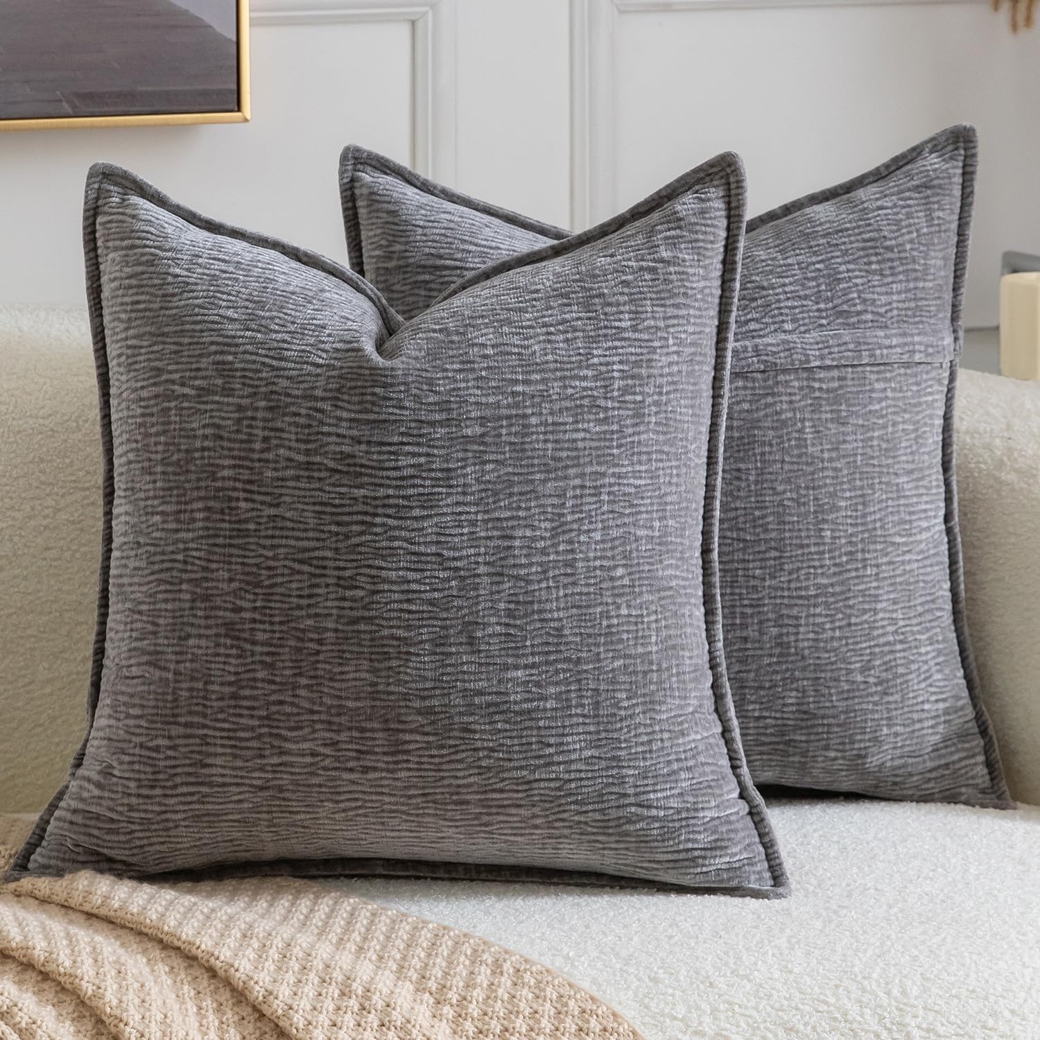 Madizz Pack of 2 Decorative Cushion Covers Soft Chenille Throw Pillows Solid Textured Throw Pillow Covers for Couch Sofa Bedroom Living Room 40x40 CM, Grey โ image 1